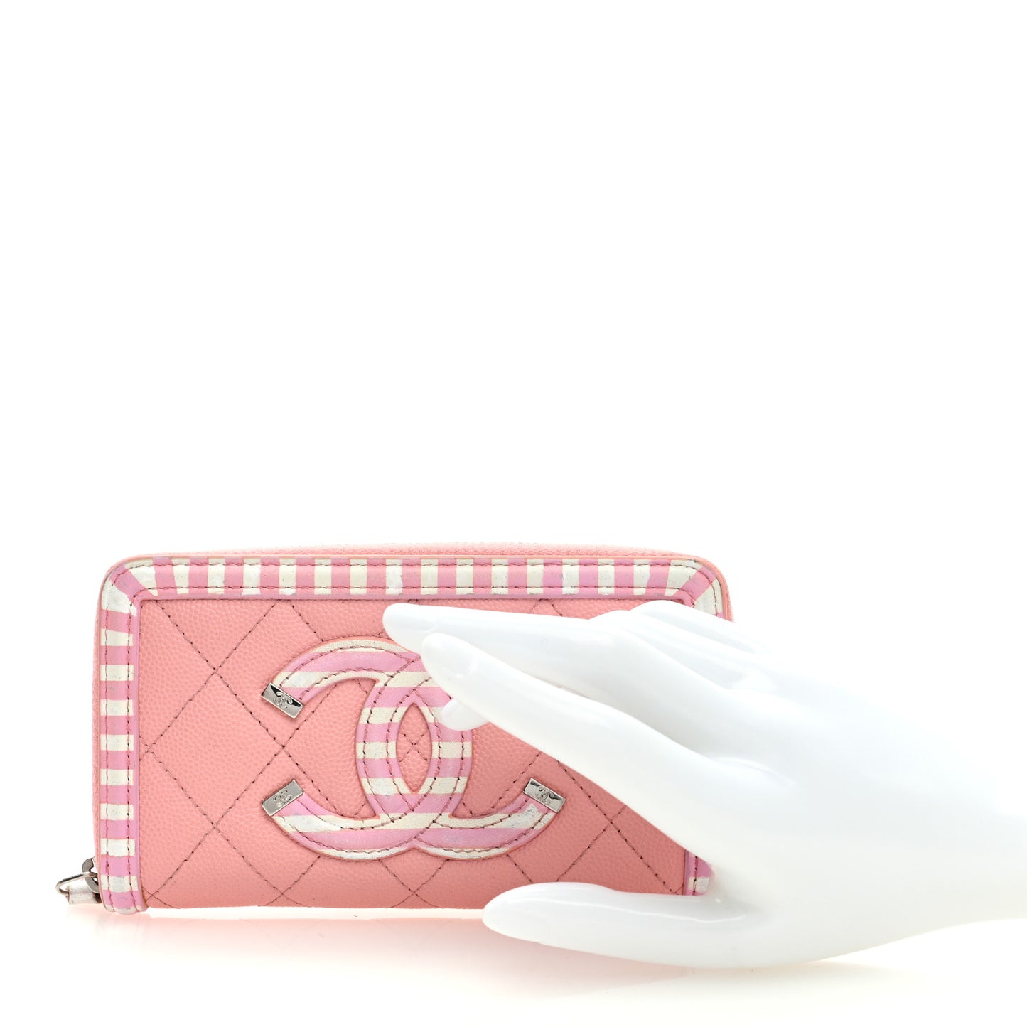 Caviar Quilted Medium Stripe Filigree Zip Around Wallet Pink White