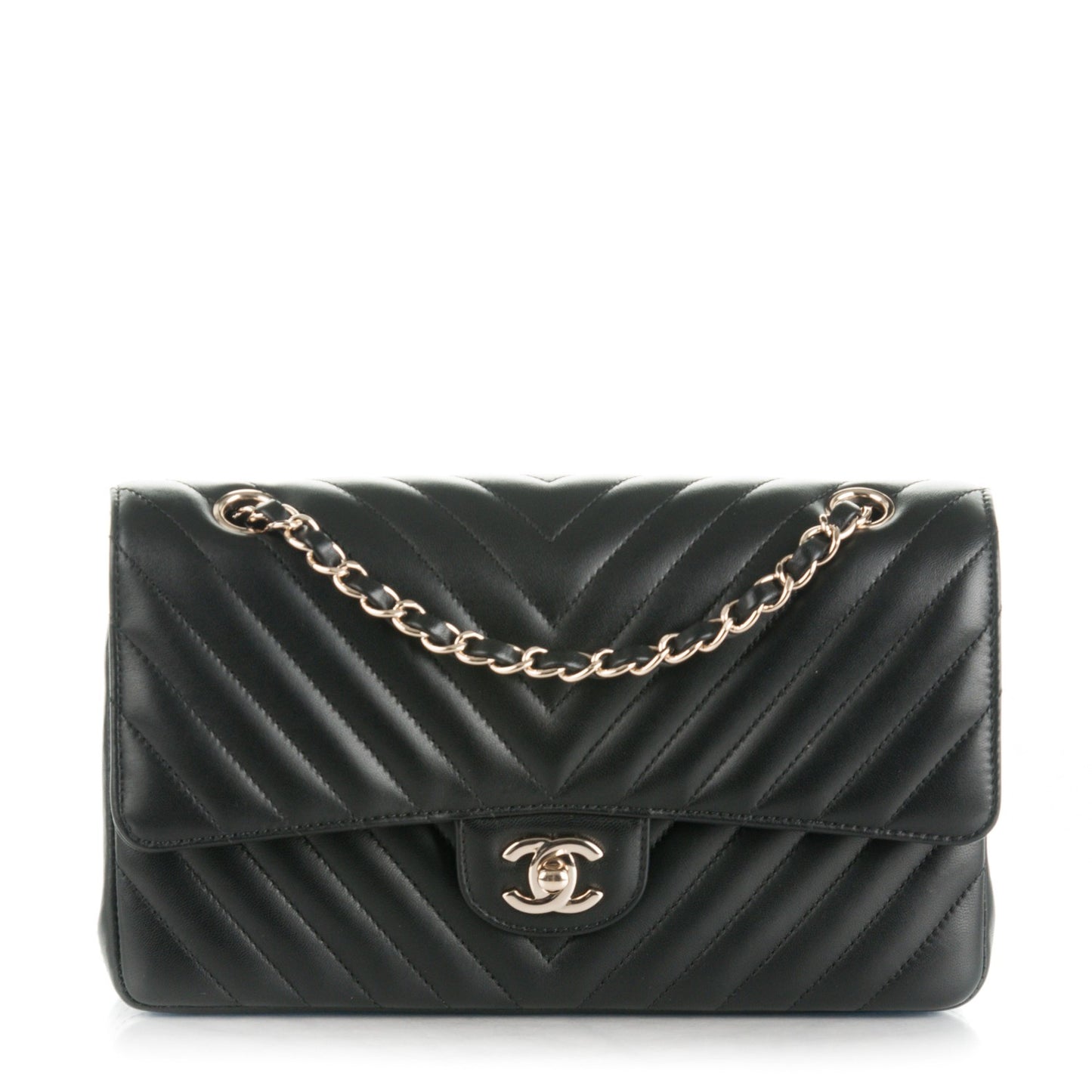 Lambskin Chevron Quilted Medium Double Flap Black