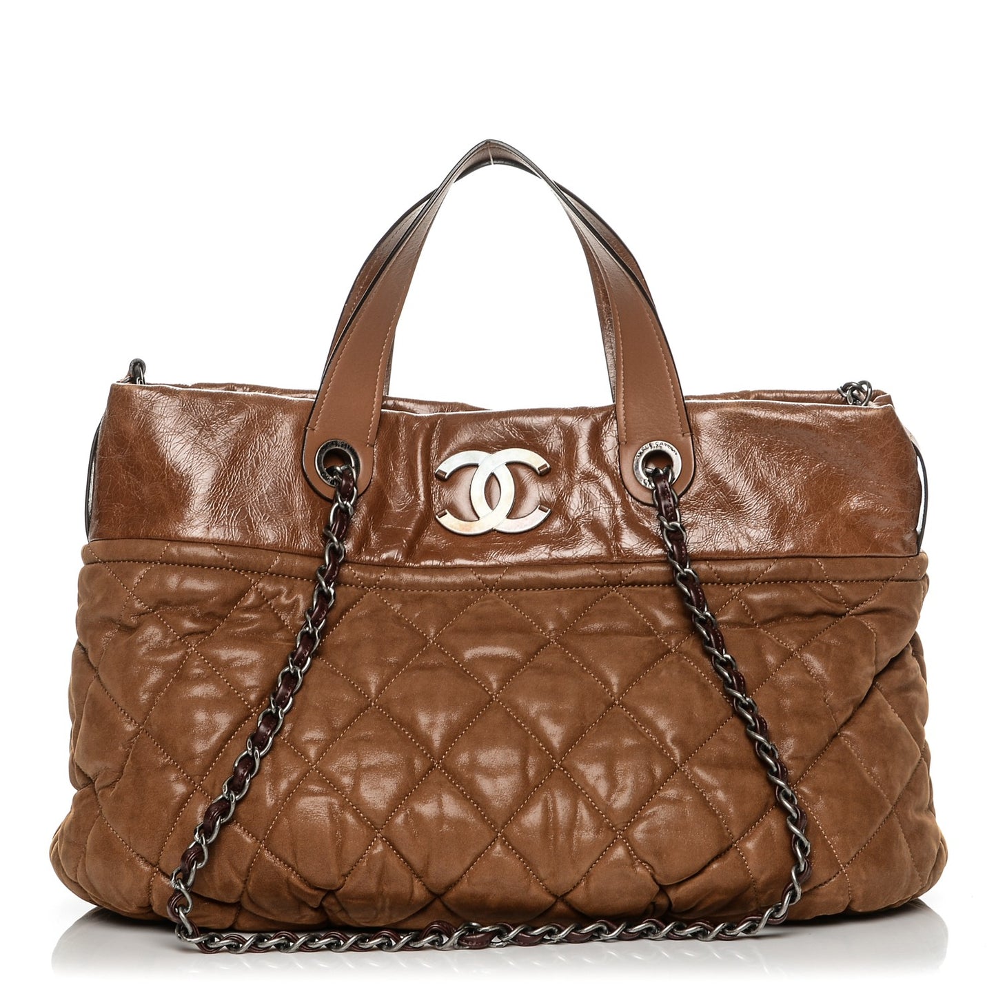 Iridescent Calfskin Quilted Large In The Mix Tote Light Brown