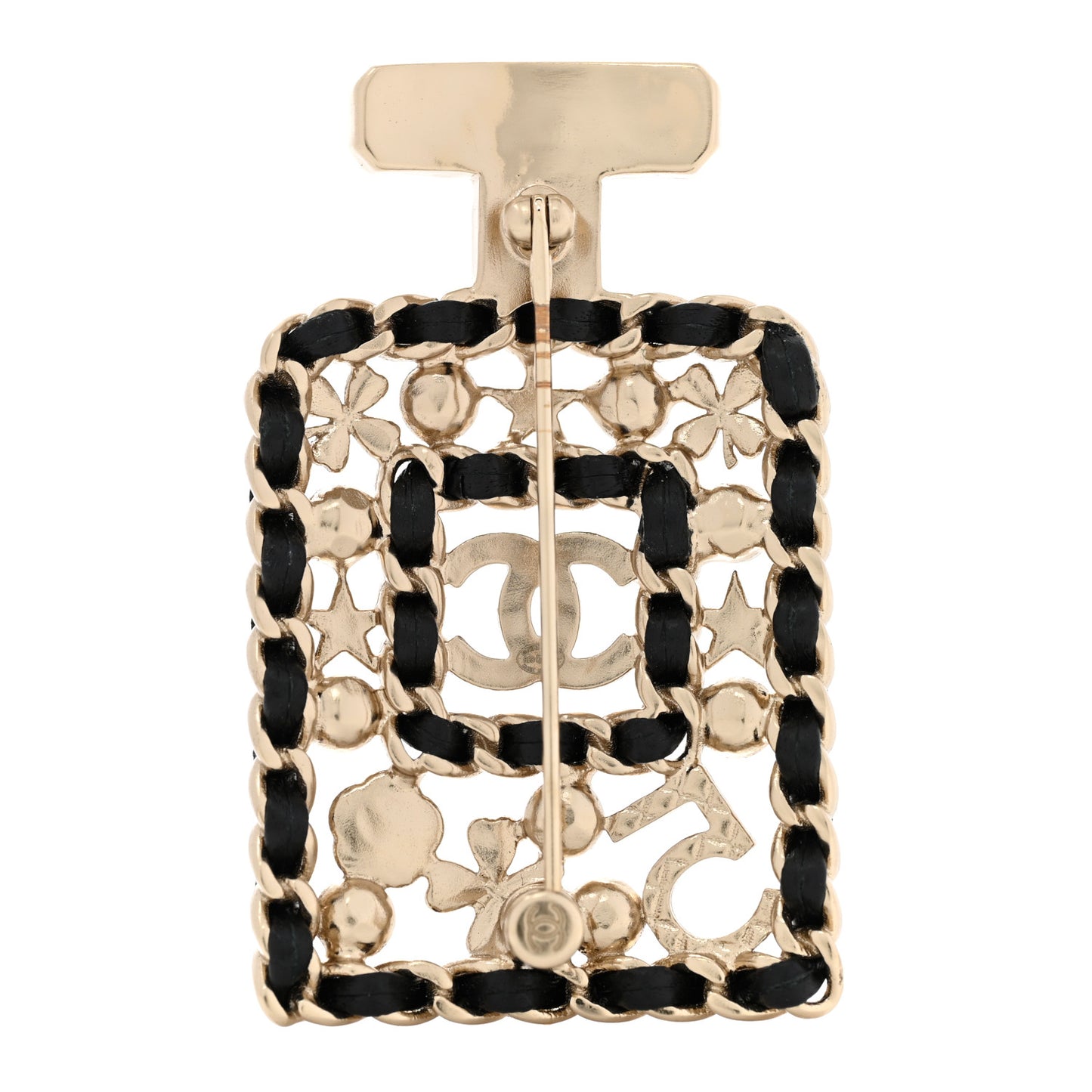 Lambskin Pearl Quilted Chain CC Perfume Bottle Brooch Gold