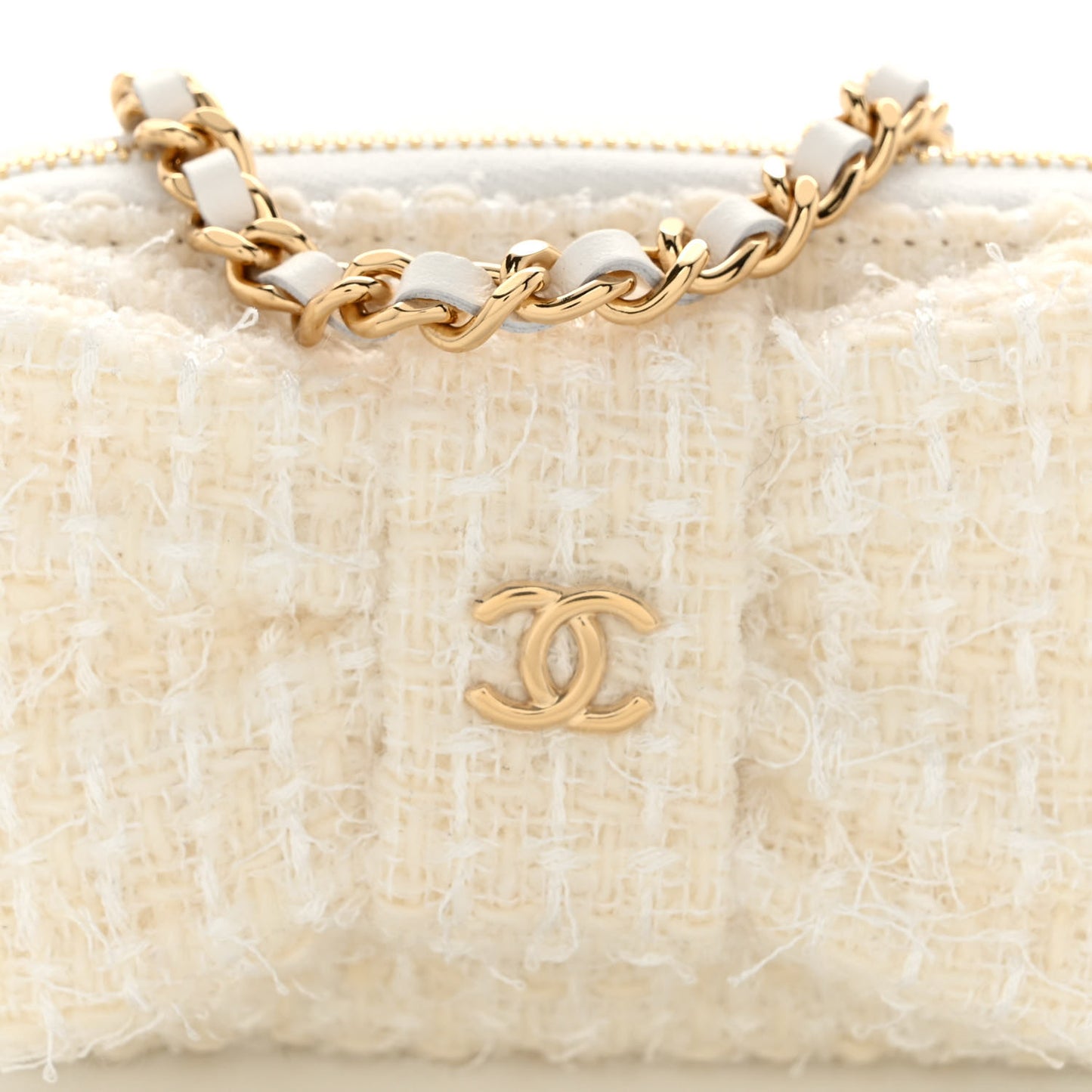 Tweed Quilted Bow Flap Card Holder On Chain White