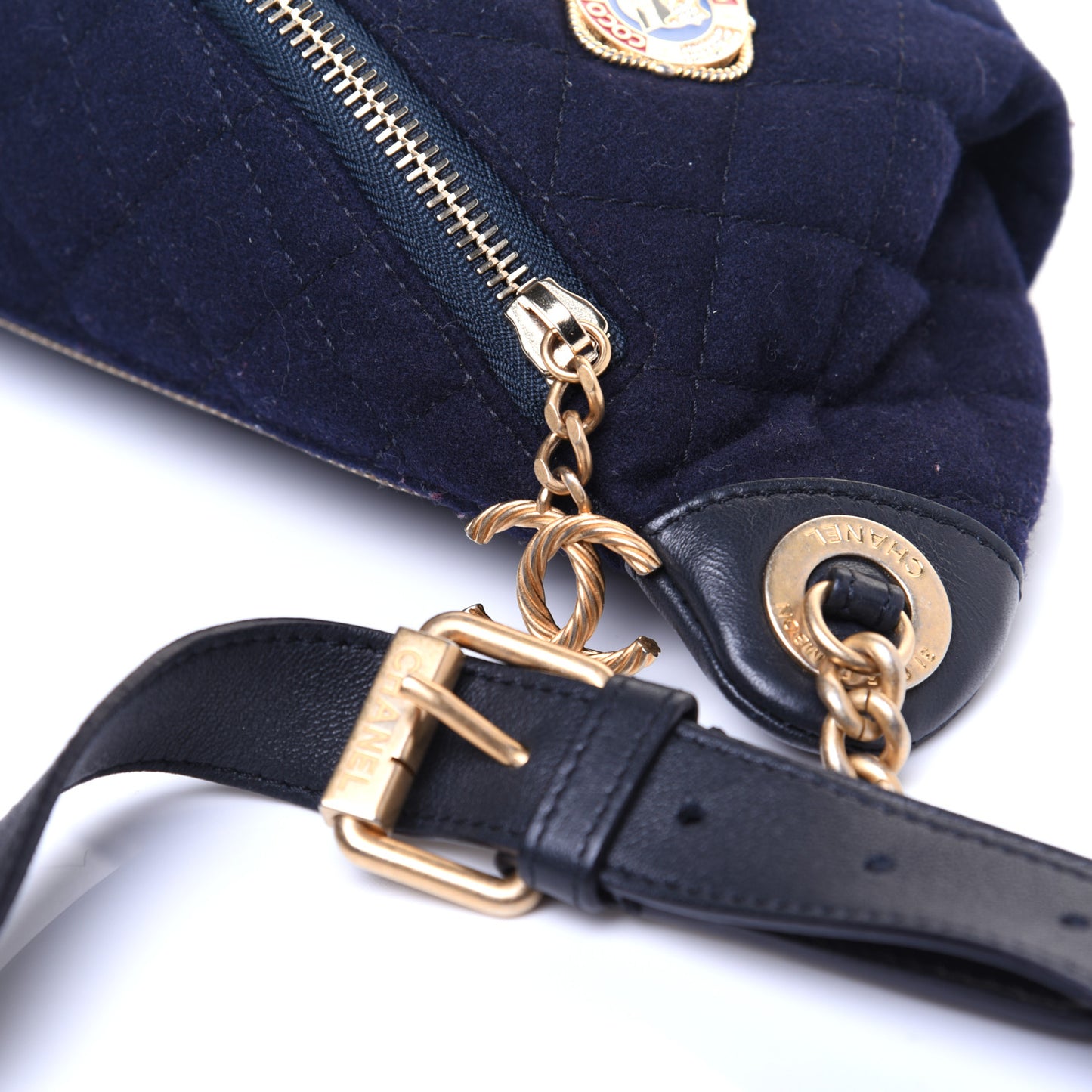 Wool Lambskin Quilted Paris Hamburg Charms Waist Bag Dark Navy