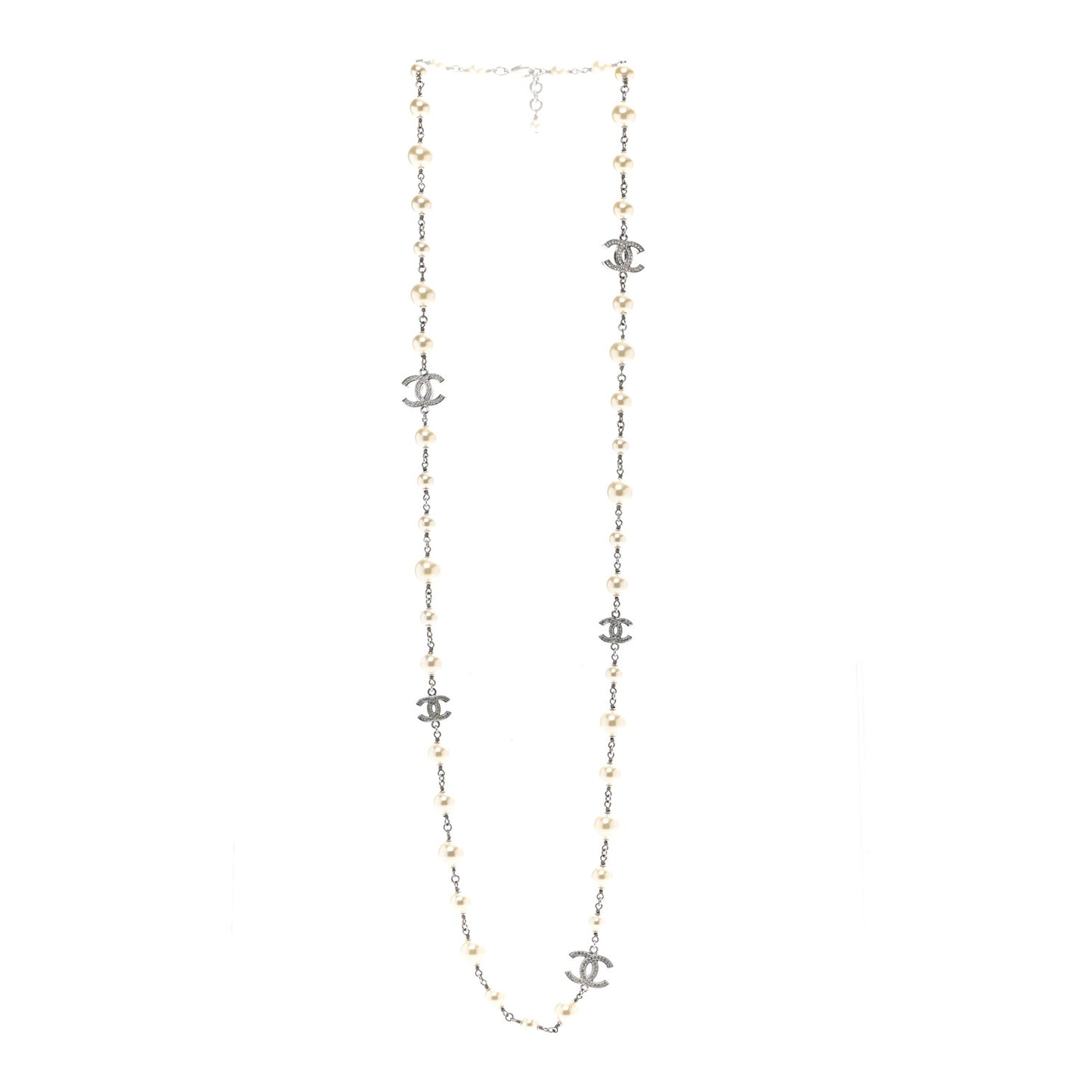 Graduated Pearl Crystal CC Long Necklace Silver