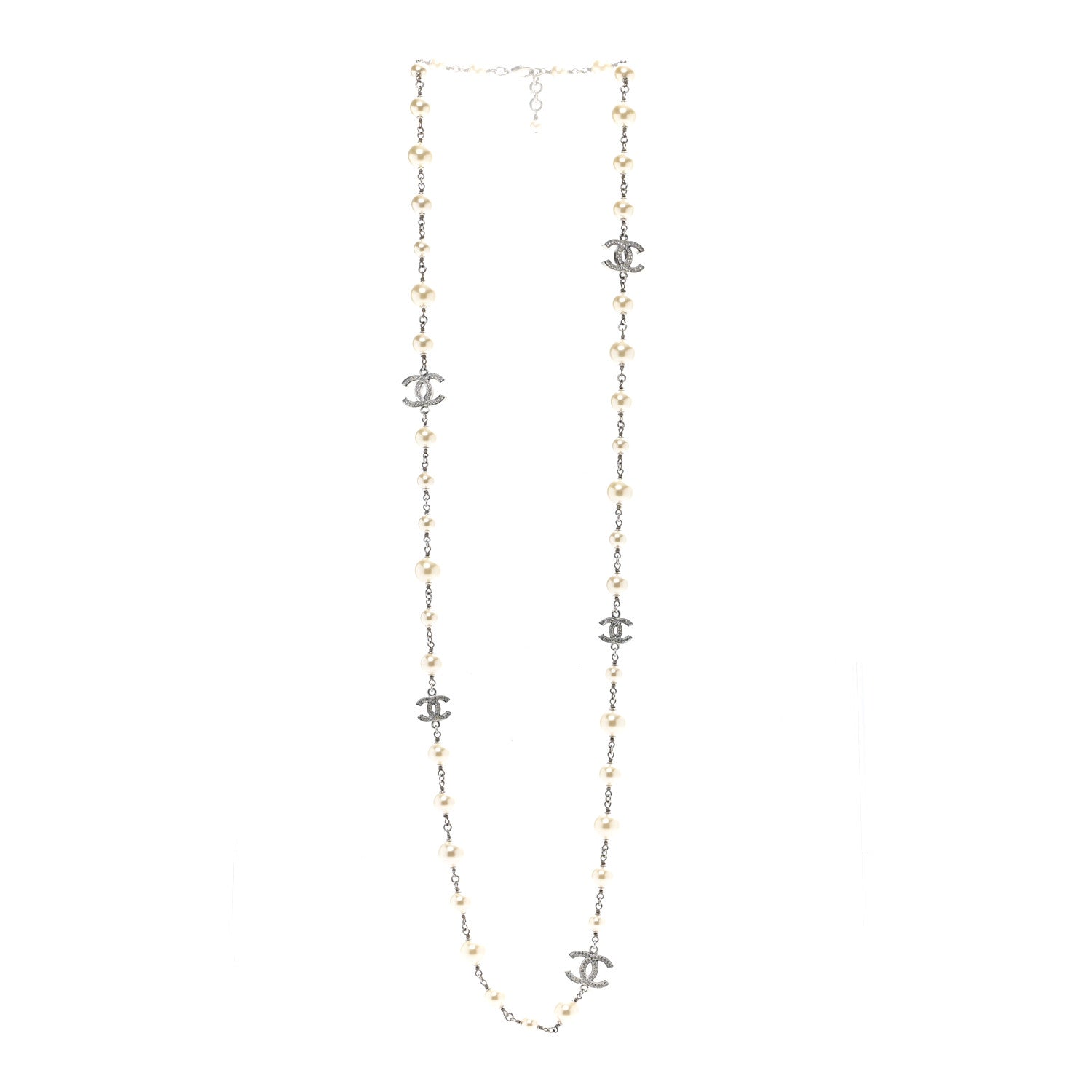 Chanel Graduated Pearl Crystal CC Long Necklace Silver 3 of 6