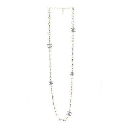 Chanel Graduated Pearl Crystal CC Long Necklace Silver 3 of 6