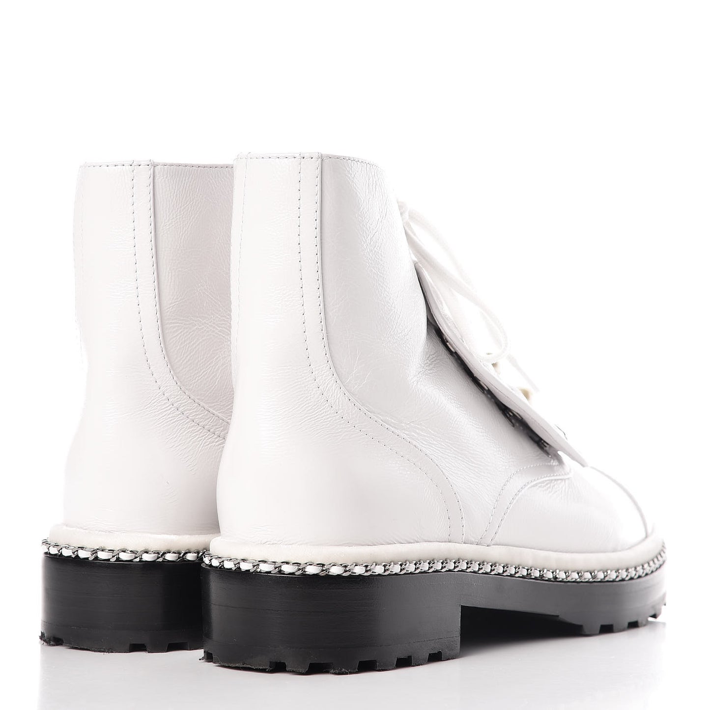 Crackled Calfskin Pearl Chain CC Combat Short Boots 40 White