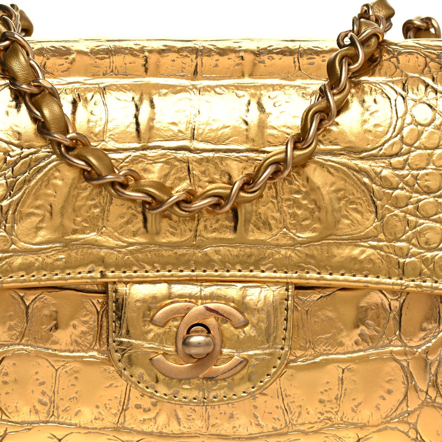 Metallic Calfskin Crocodile Embossed Cocodile Rectangular Mini Flap Gold