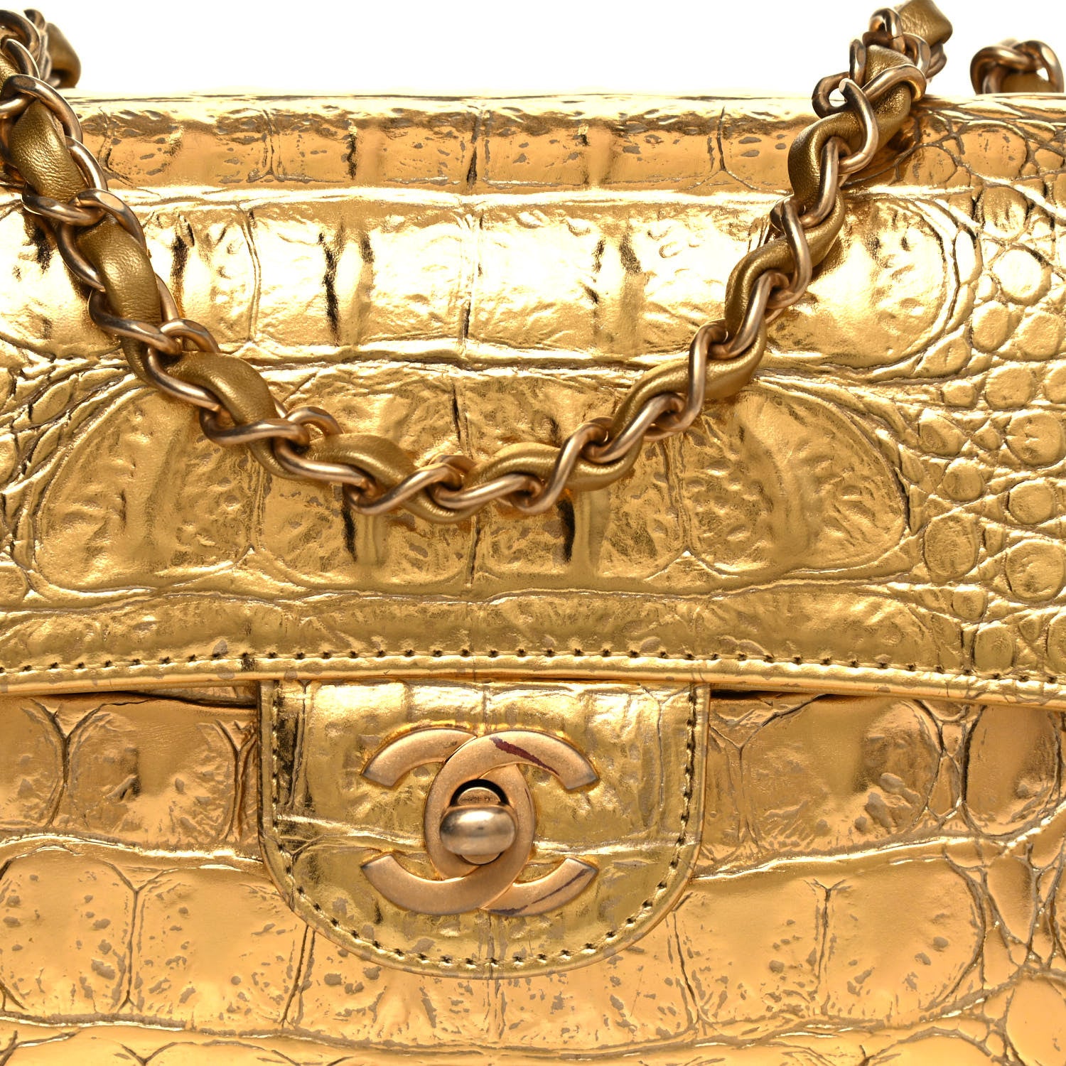 Chanel Metallic Calfskin Crocodile Embossed Cocodile Rectangular Mini Flap Gold 8 of 12