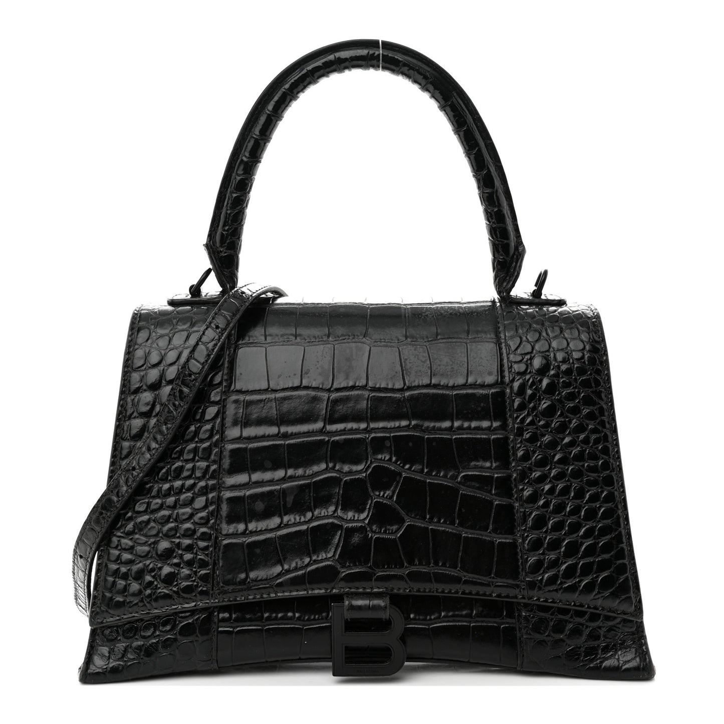 Shiny Calfskin Monochrome Crocodile Embossed Medium Hourglass Top Handle Bag Black