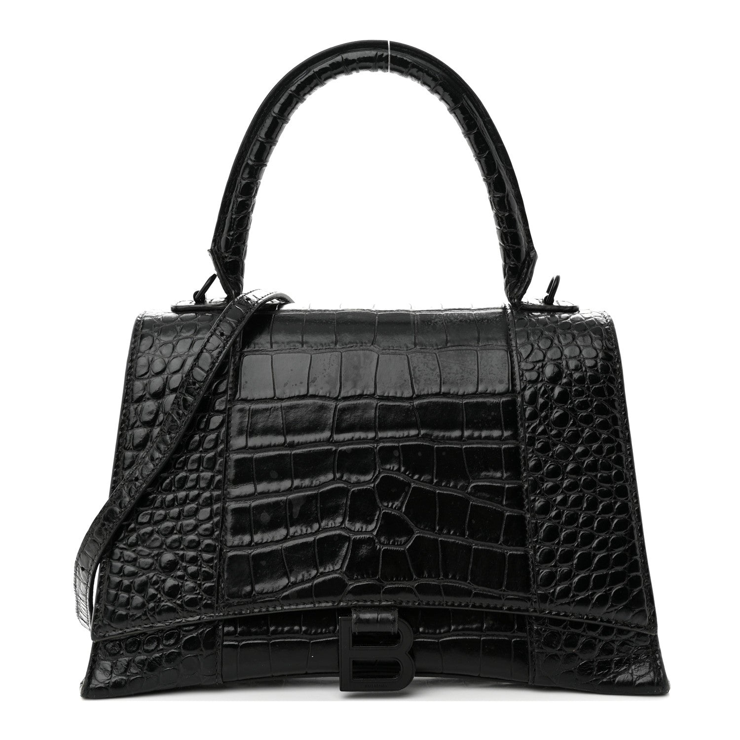 Balenciaga Shiny Calfskin Monochrome Crocodile Embossed Medium Hourglass Top Handle Bag Black 1 of 20
