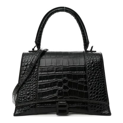 Balenciaga Shiny Calfskin Monochrome Crocodile Embossed Medium Hourglass Top Handle Bag Black 1 of 20