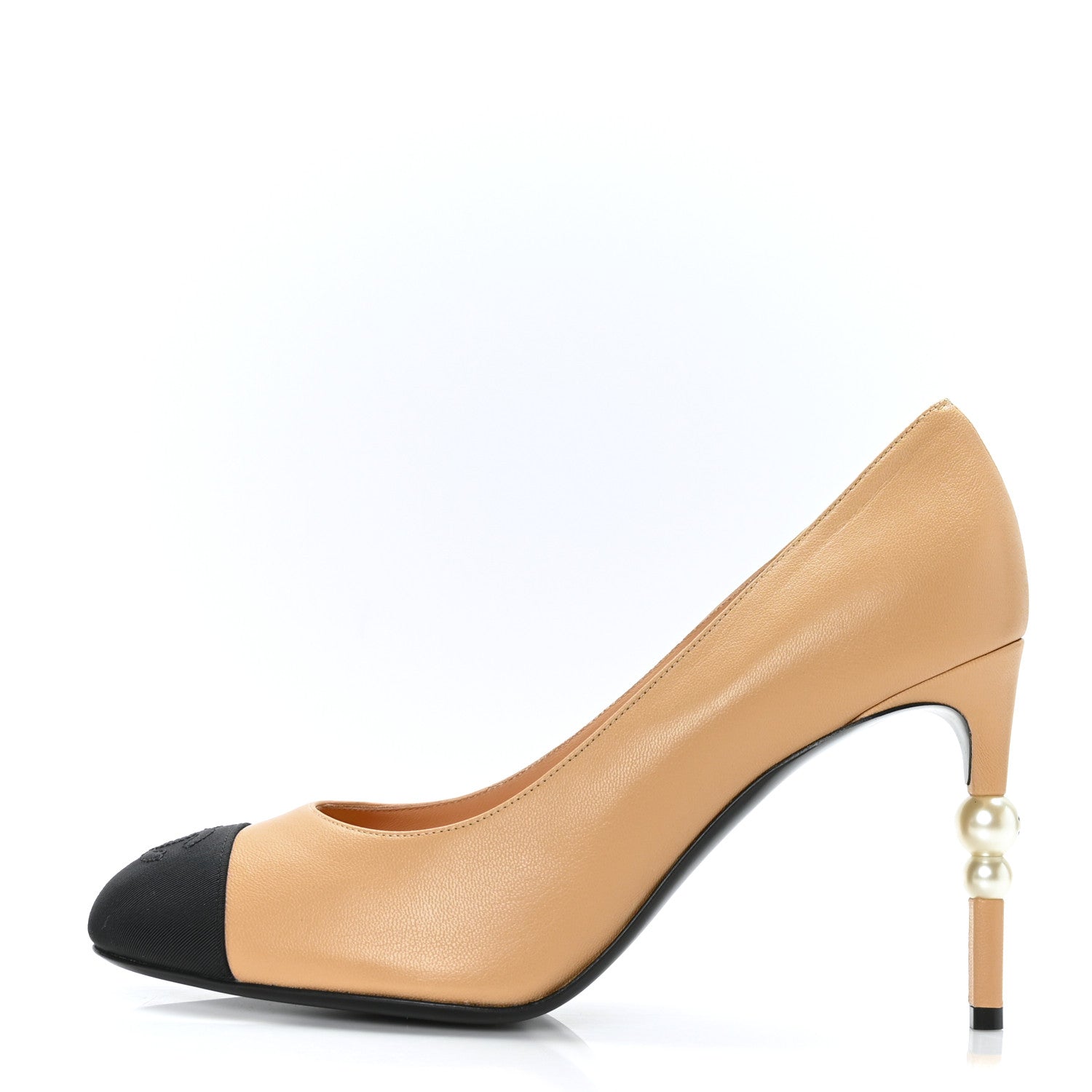 Chanel Lambskin Grosgrain Pearl Cap Toe Pumps 40 Beige Black 1 of 8