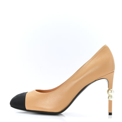 Chanel Lambskin Grosgrain Pearl Cap Toe Pumps 40 Beige Black 1 of 8