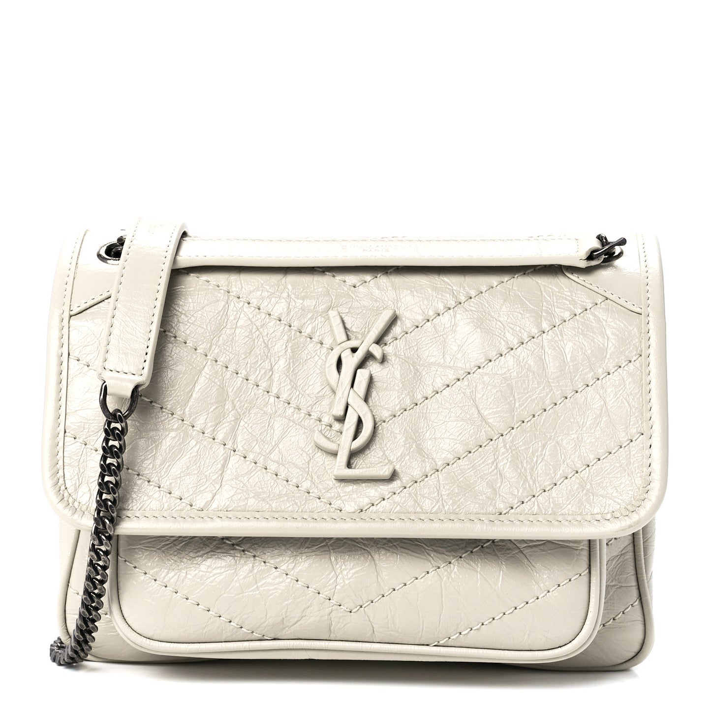 Crinkled Calfskin Matelasse Monogram Baby Niki Chain Satchel White