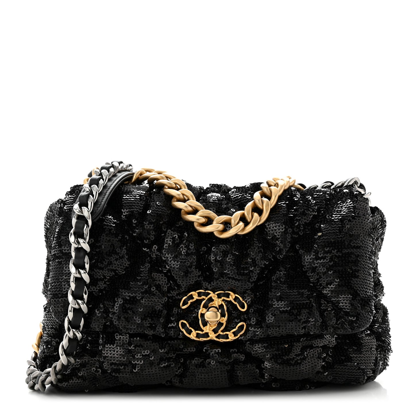 Sequin Quilted Medium Chanel 19 Flap Black