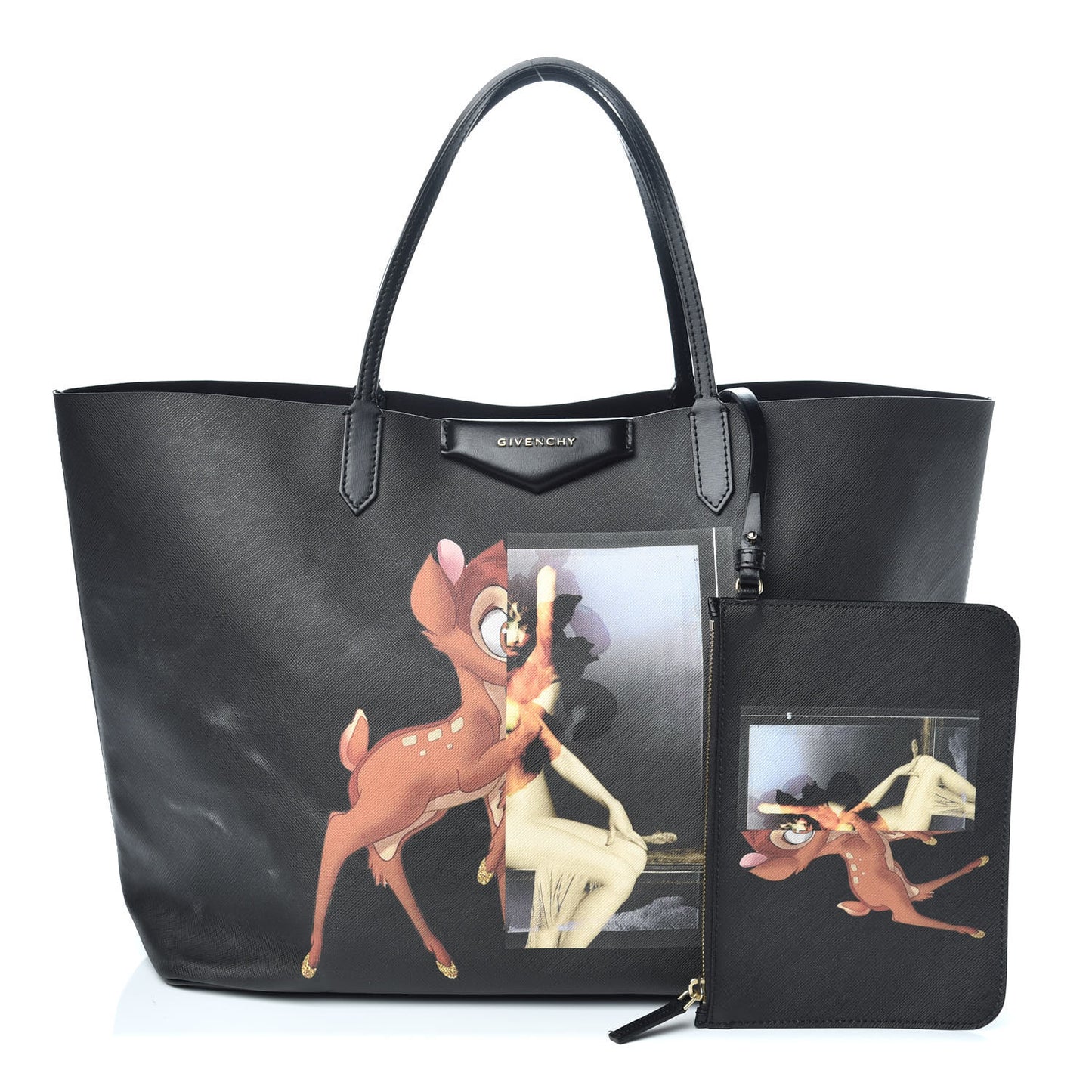 Textured Coated Canvas Bambi Print Large Antigona Tote Black