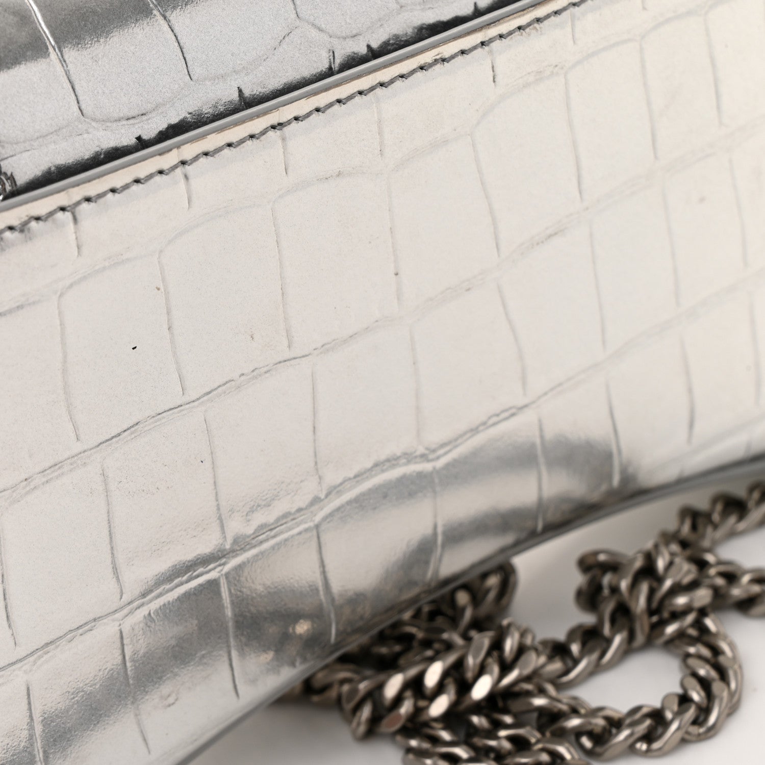 Balenciaga Metallic Calfskin Crocodile Embossed Hourglass Chain Bag Silver 12 of 13