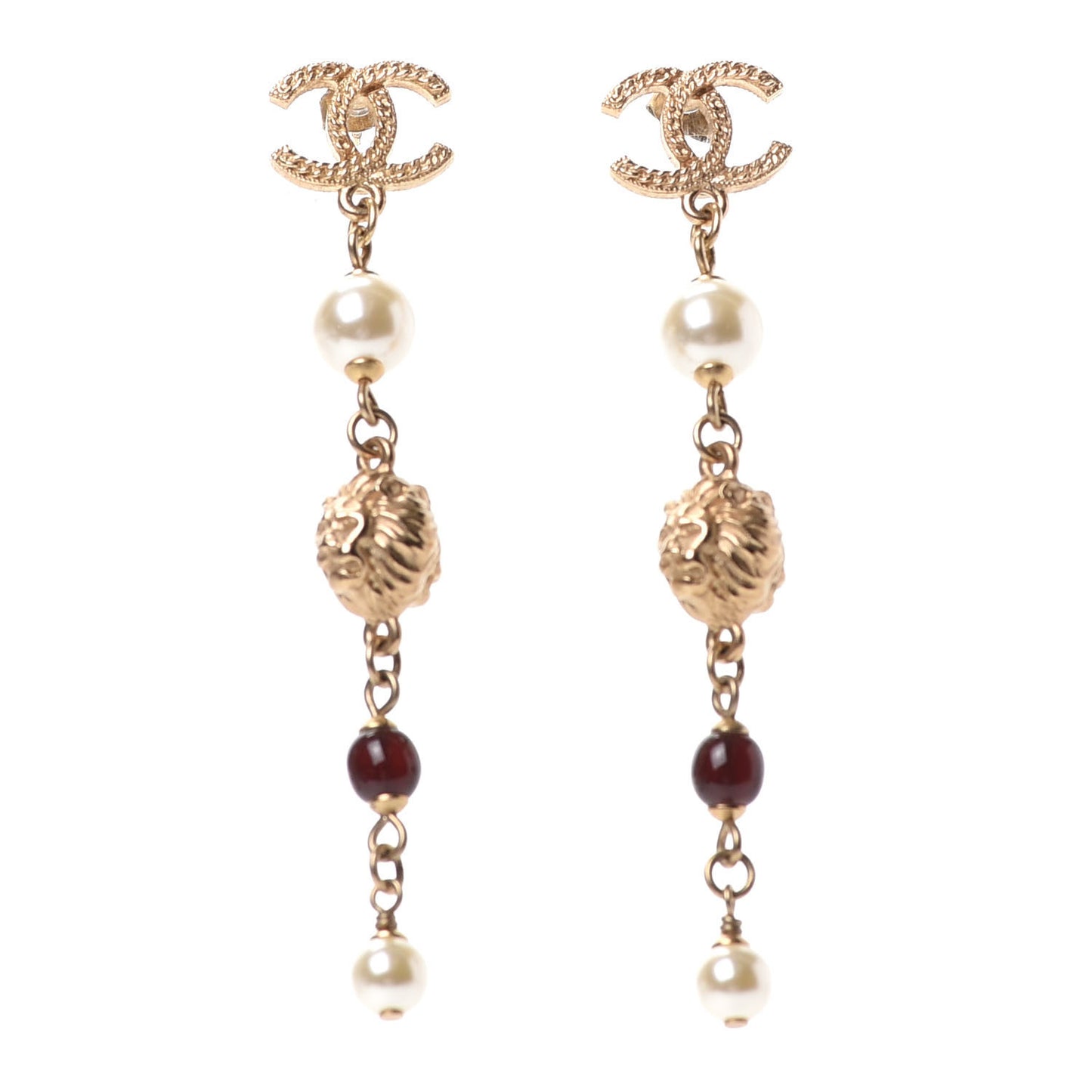 Pearl Bead CC Drop Earrings Gold Pearly White Red