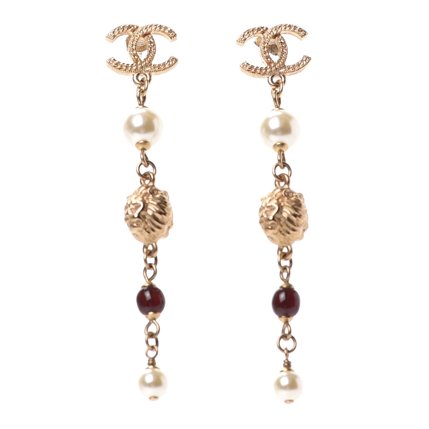 Chanel Pearl Bead CC Drop Earrings Gold Pearly White Red 1 of 3