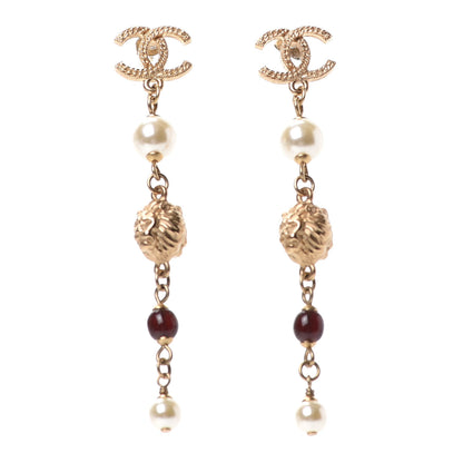 Chanel Pearl Bead CC Drop Earrings Gold Pearly White Red 1 of 3