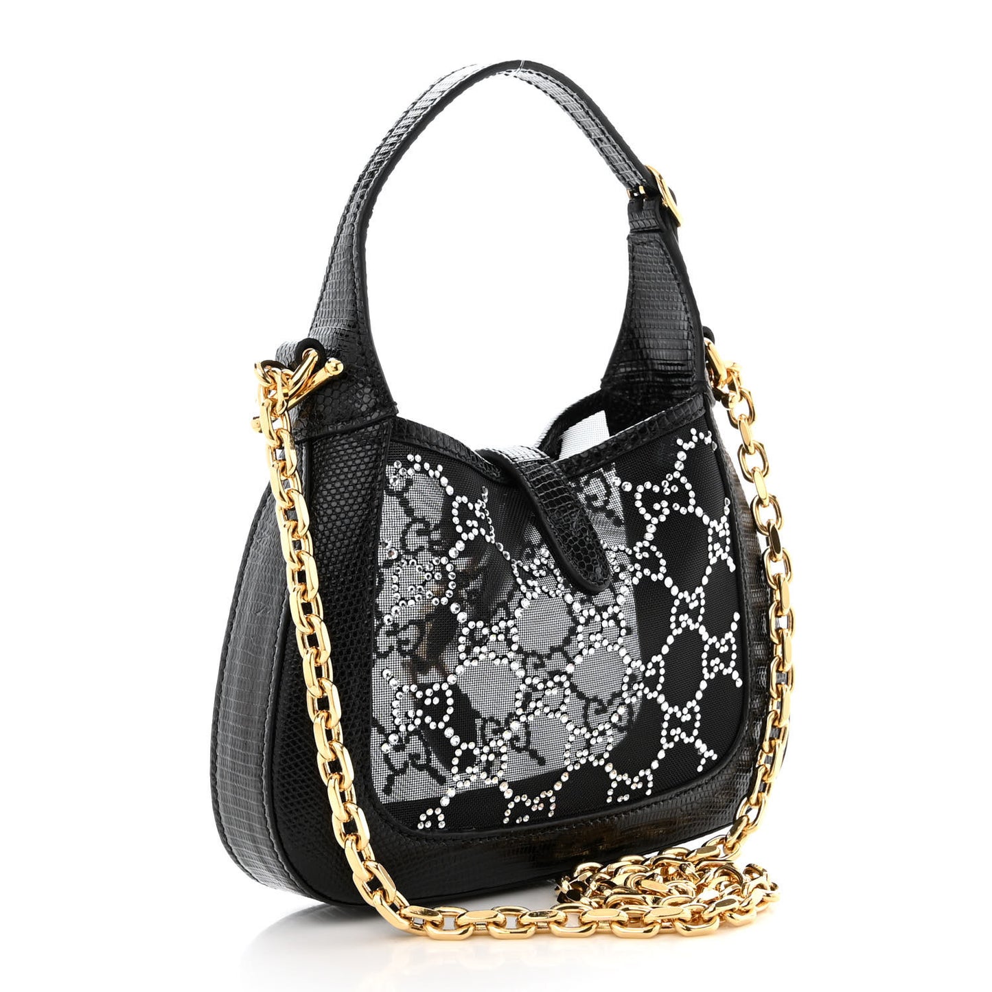 Lizard Mesh Crystal GG Monogram Mini Jackie 1961 Hobo Black