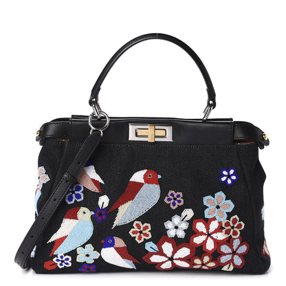 Fendi Denim Vitello Dolce QuTweet Beaded Medium Peekaboo Iconic Satchel Dark Blue Multicolor Black 1 of 14