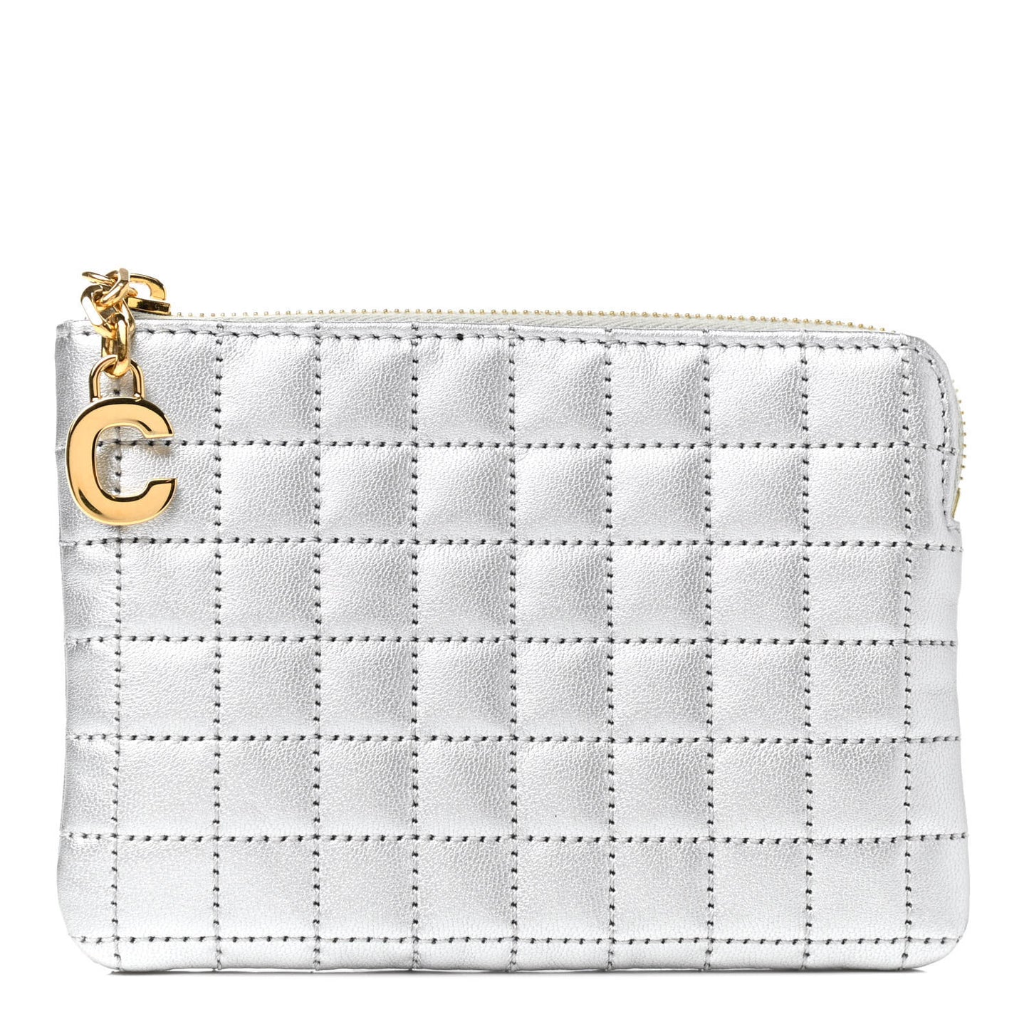 Laminated Calfskin Quilted C Charm Coin Card Pouch Silver