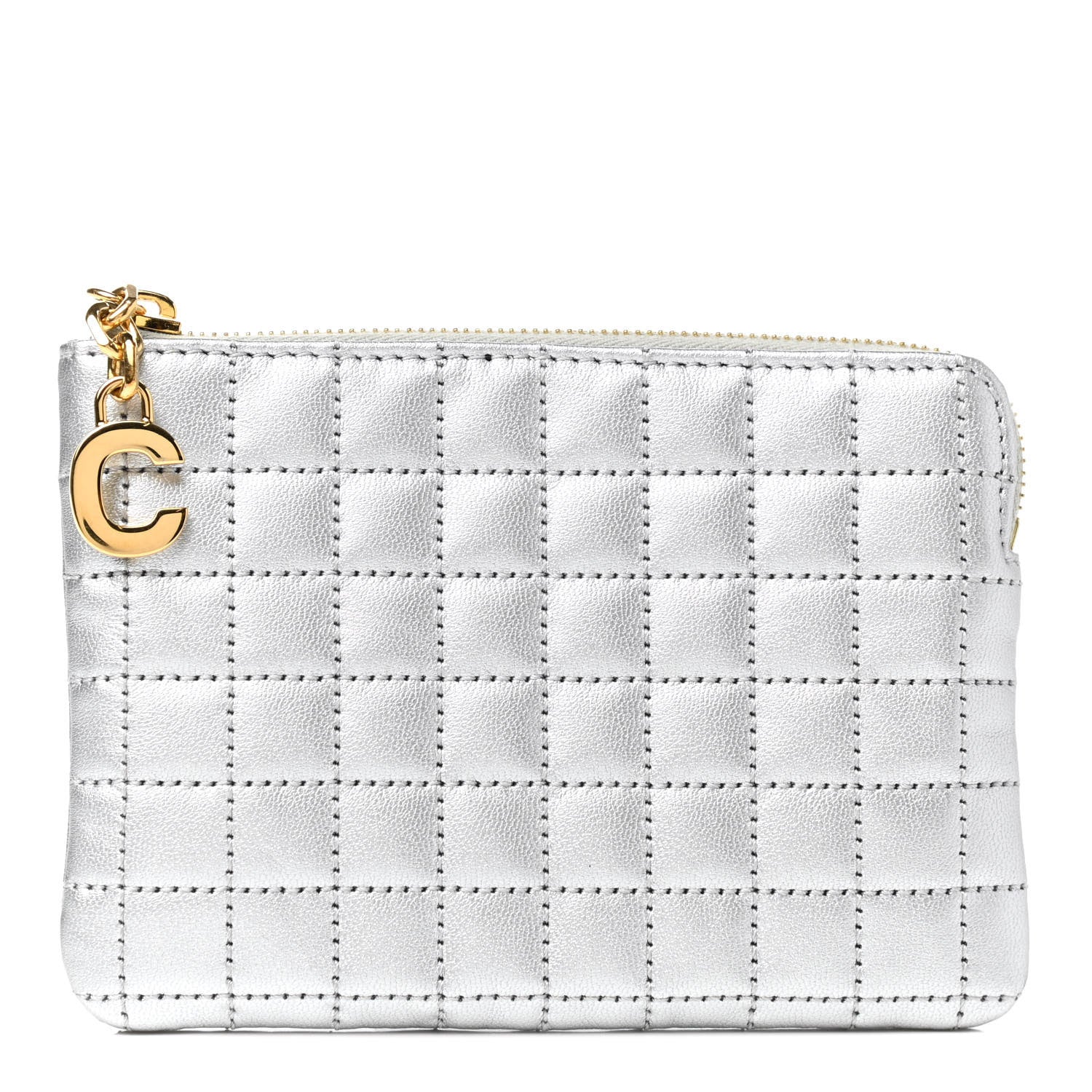 Celine Laminated Calfskin Quilted C Charm Coin Card Pouch Silver 1 of 8