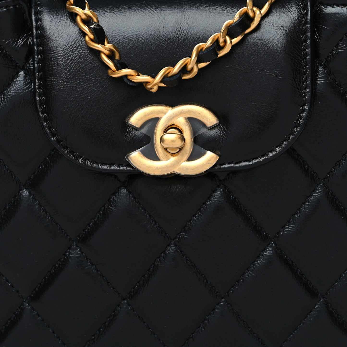 Shiny Aged Calfskin Quilted Nano Kelly Shopper Black