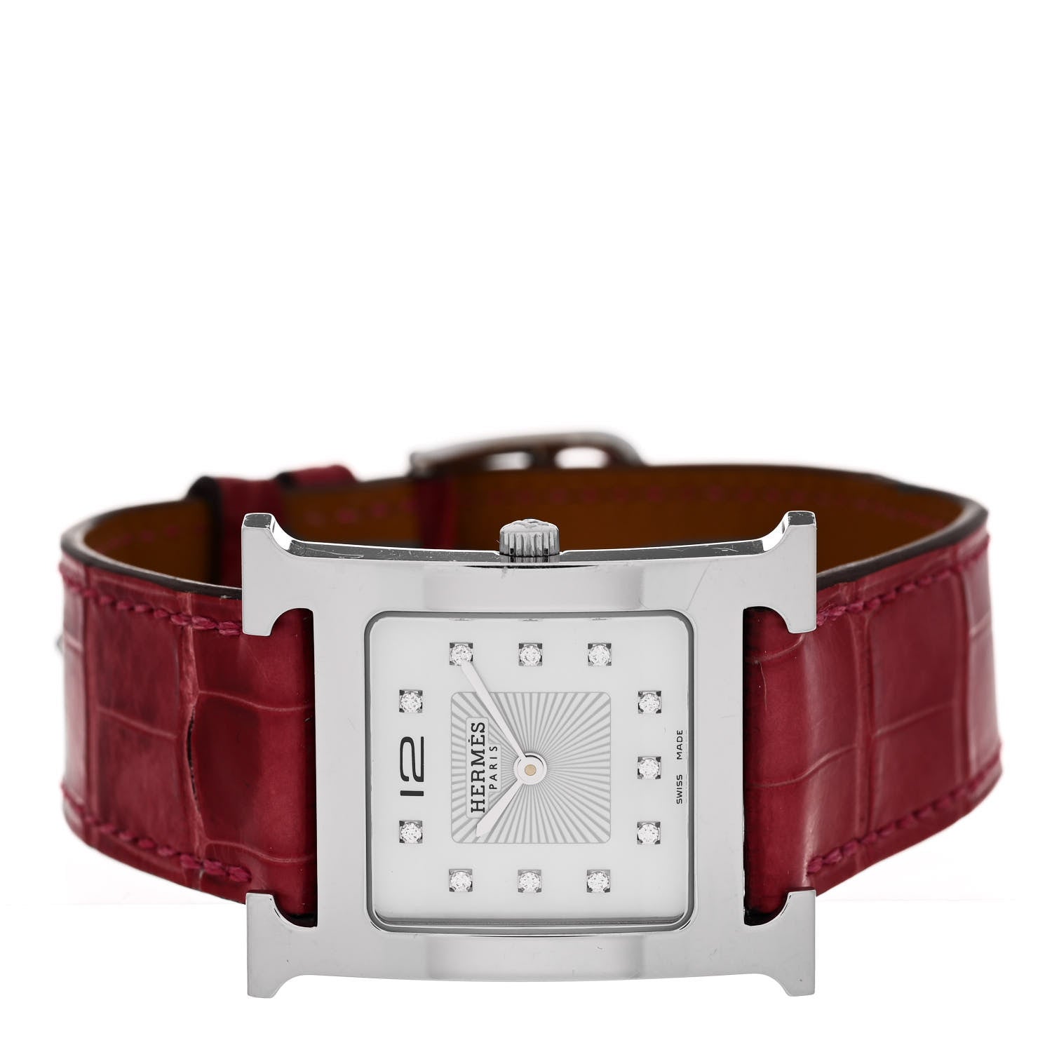 Hermes Stainless Steel Alligator Diamond Mother of Pearl 26mm Heure H Hour Quartz Watch Braise 2 of 5