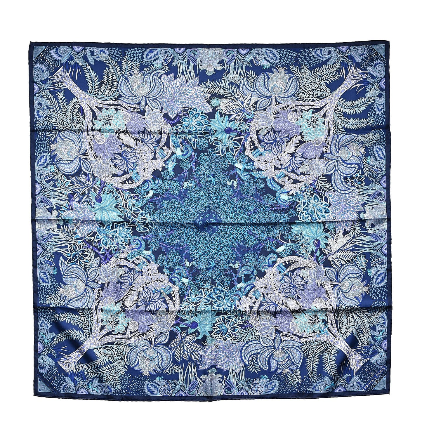 Silk Maitres de la Foret Scarf 90 Marine Lavande Turquoise