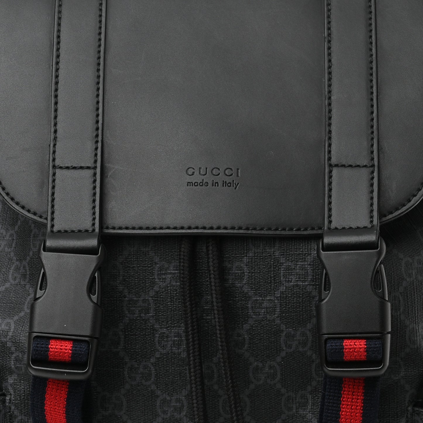 Soft GG Supreme Monogram Appia Calfskin Web Double Buckle Backpack Black