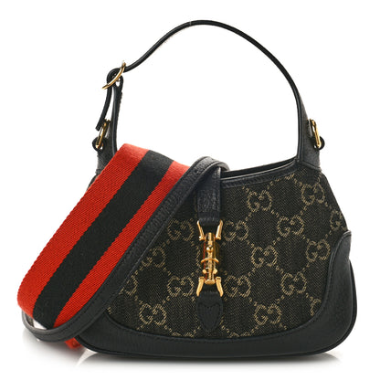 Gucci Jacquard Black Denim GG Monogram Textured Dollar Calfskin Mini Jackie 1961 Hobo Black Ivory 1 of 10