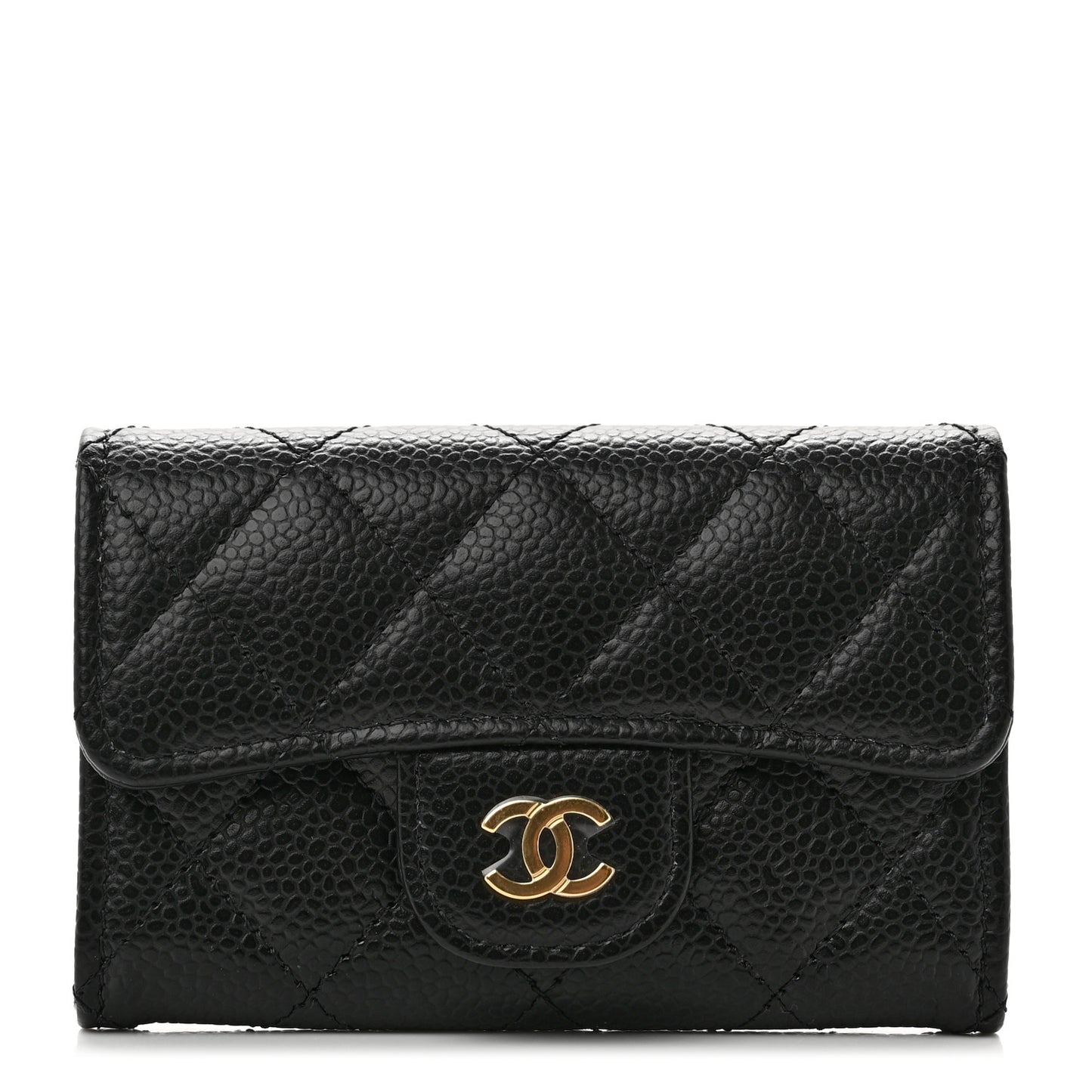 Caviar Quilted Flap Card Holder Wallet Black