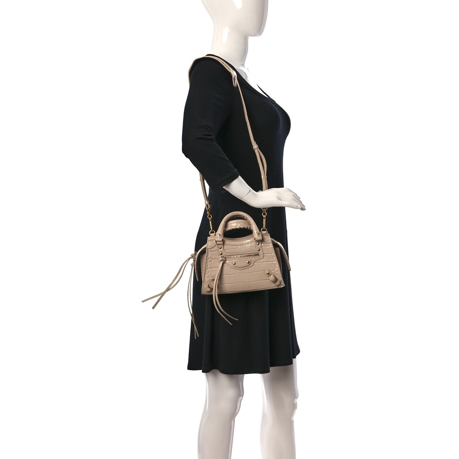 Balenciaga Shiny Supple Calfskin Crocodile Embossed Neo Classic Gold Hardware Mini City Light Beige 2 of 12
