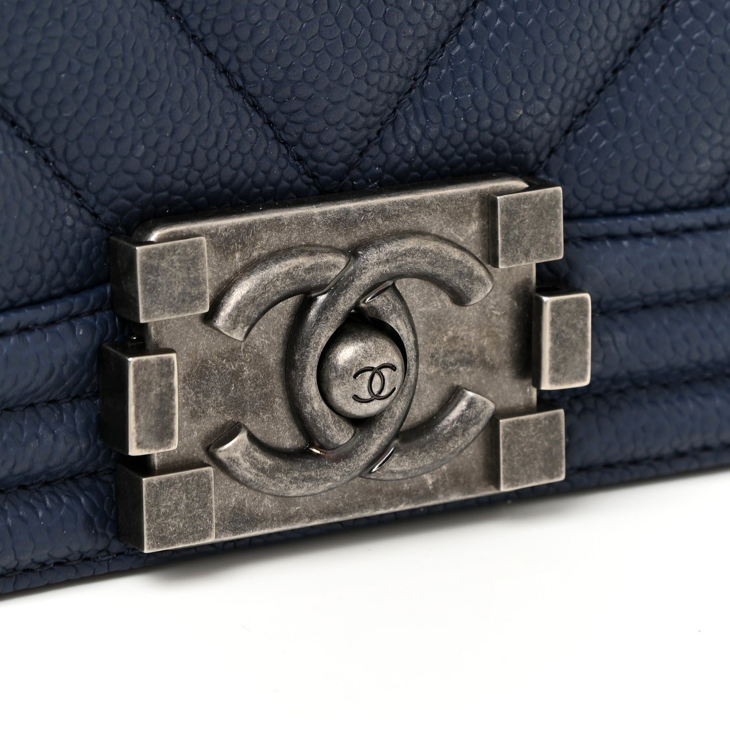 Caviar Chevron Quilted Medium Boy Flap Navy