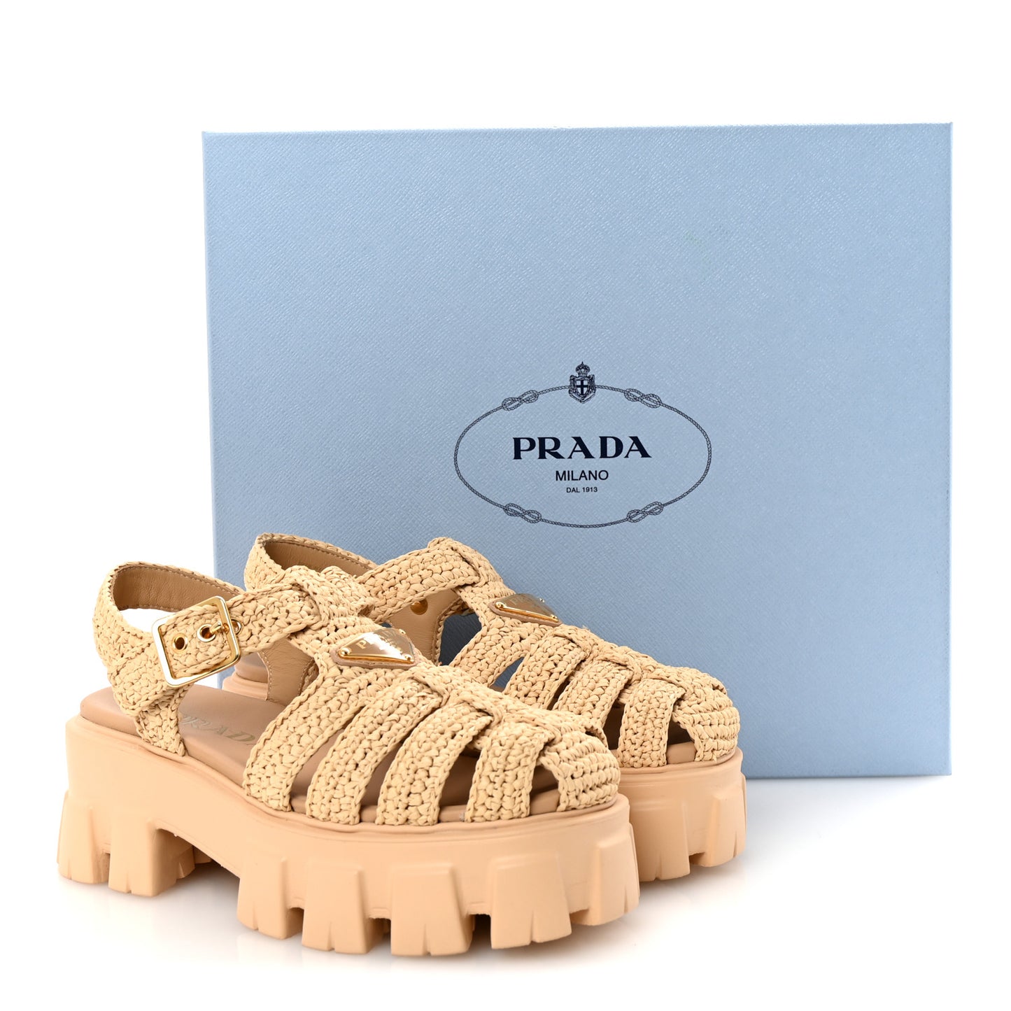 Yarn Raffia Effect Metal Triangle Logo Crochet Monolith 55mm Cage Sandals 35 Naturale