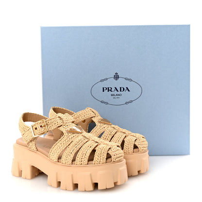 Prada Yarn Raffia Effect Metal Triangle Logo Crochet Monolith 55mm Cage Sandals 35 Naturale 10 of 10