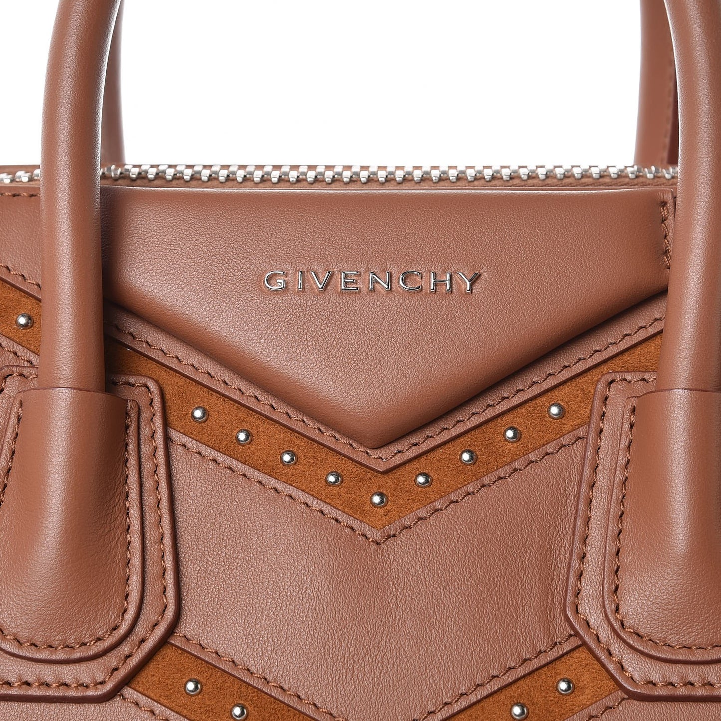 Calfskin Suede Small Studded Chevron Antigona Cognac