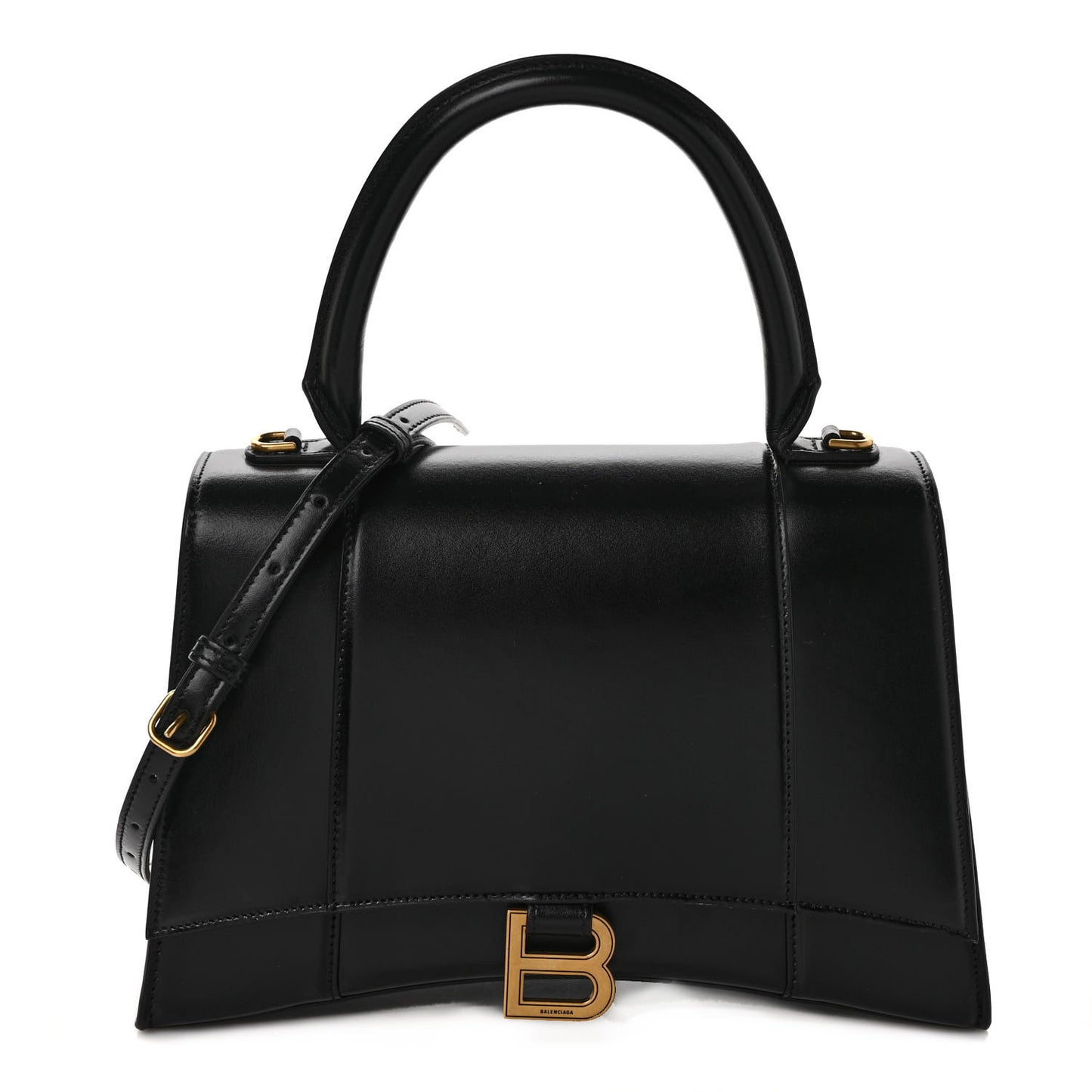 Shiny Box Calfskin Medium Hourglass Top Handle Bag Black