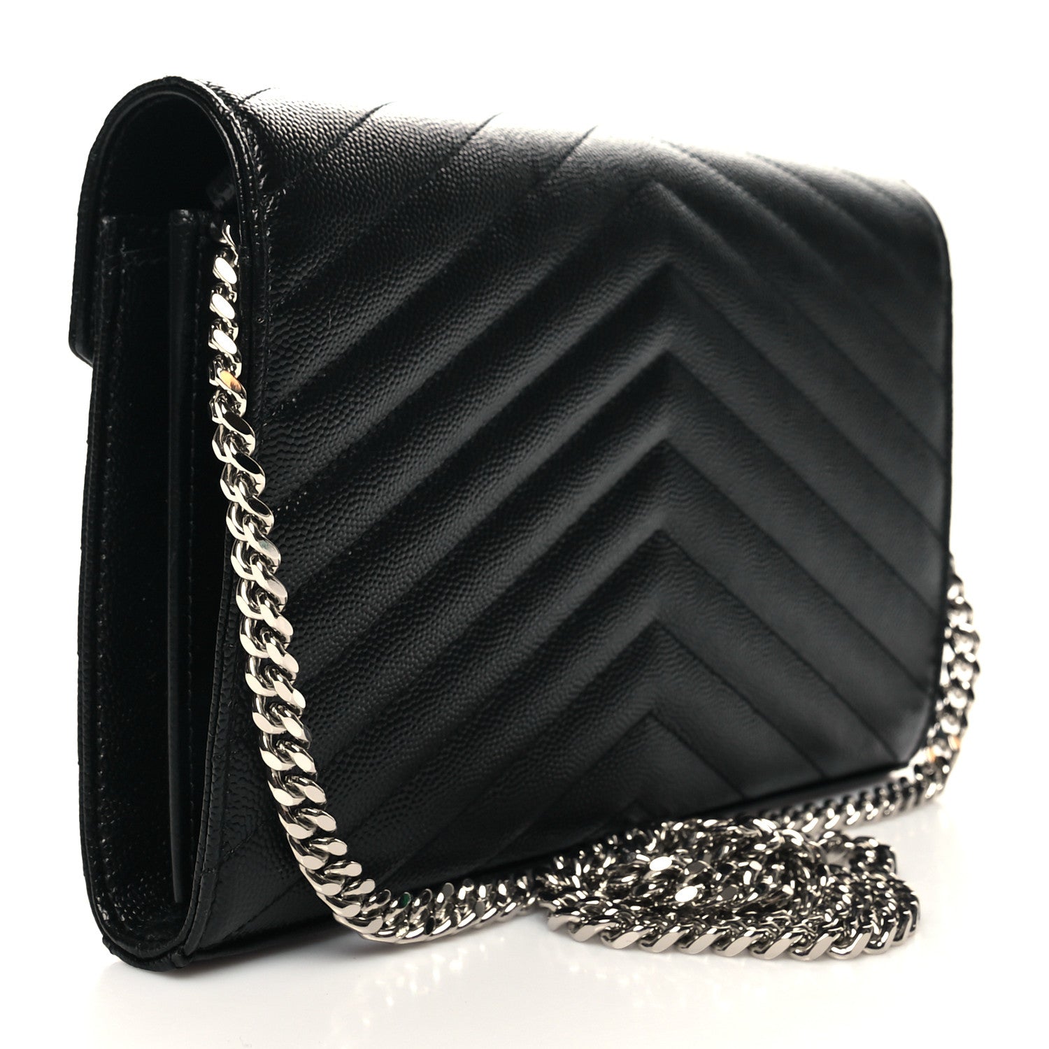 Saint Laurent Grain De Poudre Matelasse Chevron Monogram Chain Wallet Black 3 of 12