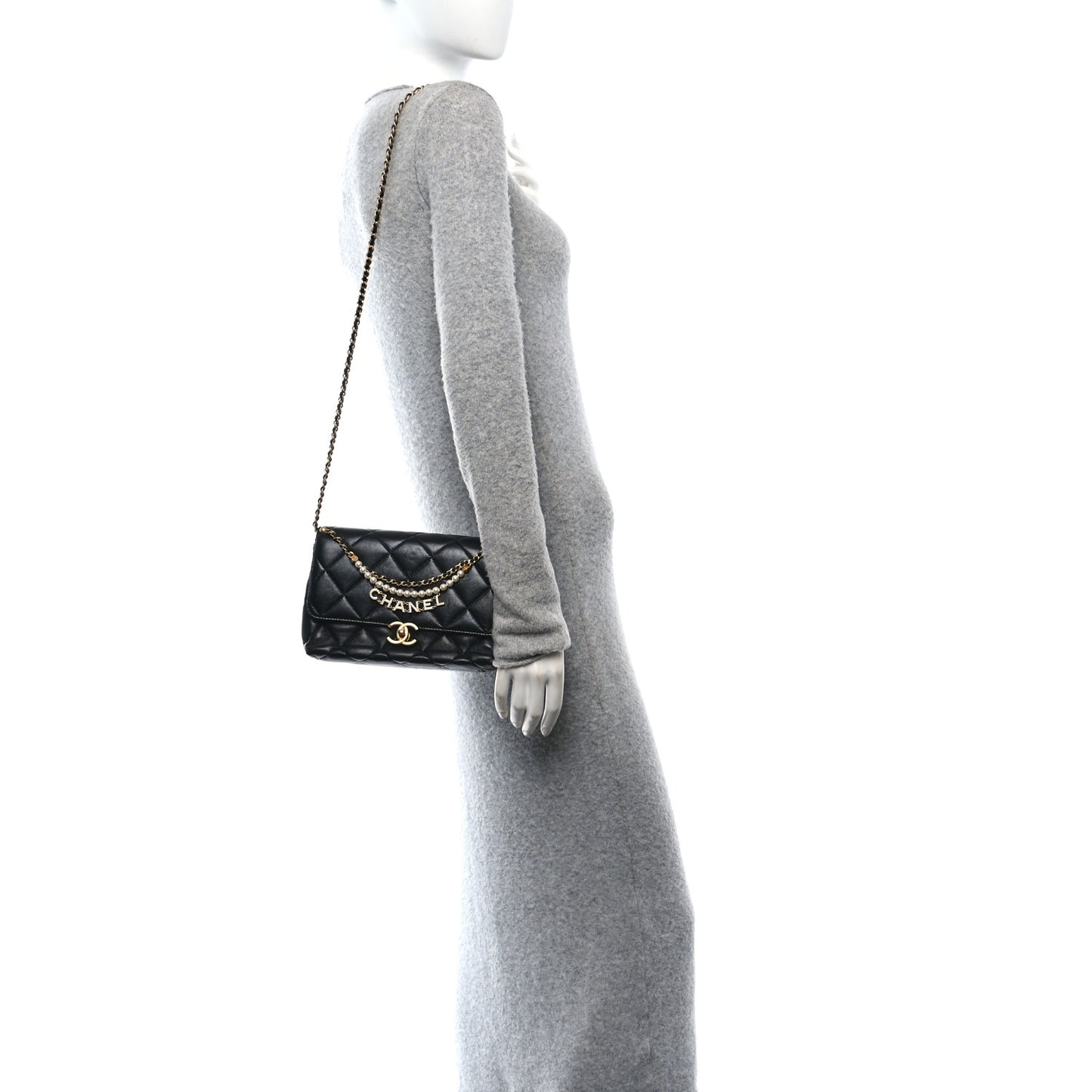 Shiny Lambskin Quilted Mini Pearl Logo Flap Black