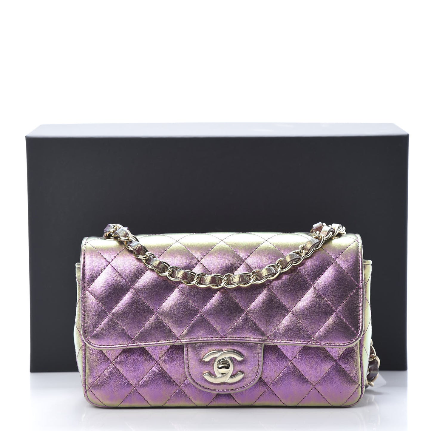 Iridescent Lambskin Quilted Mini Rectangular Flap Purple