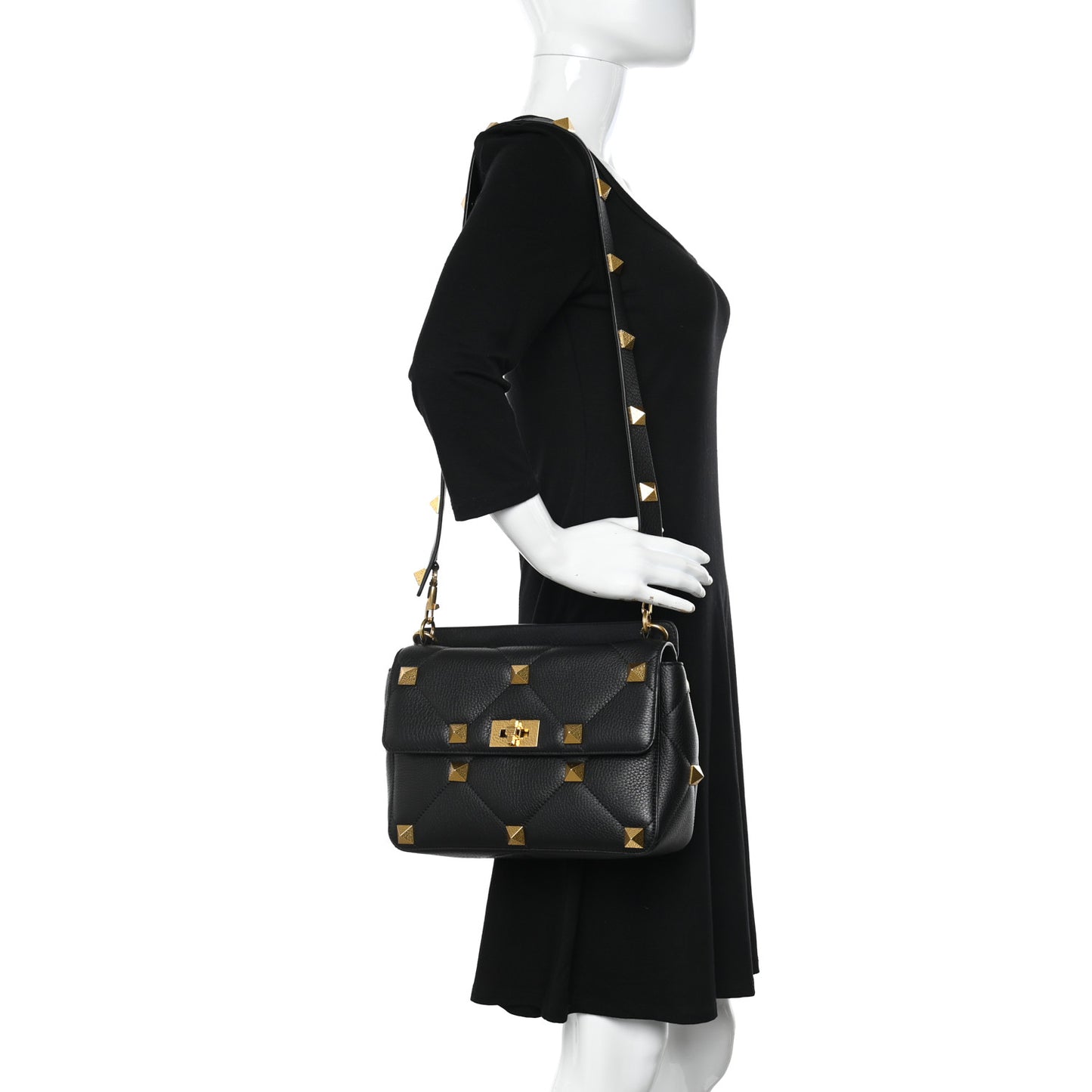 Grained Calfskin Large Roman Stud Shoulder Bag Black