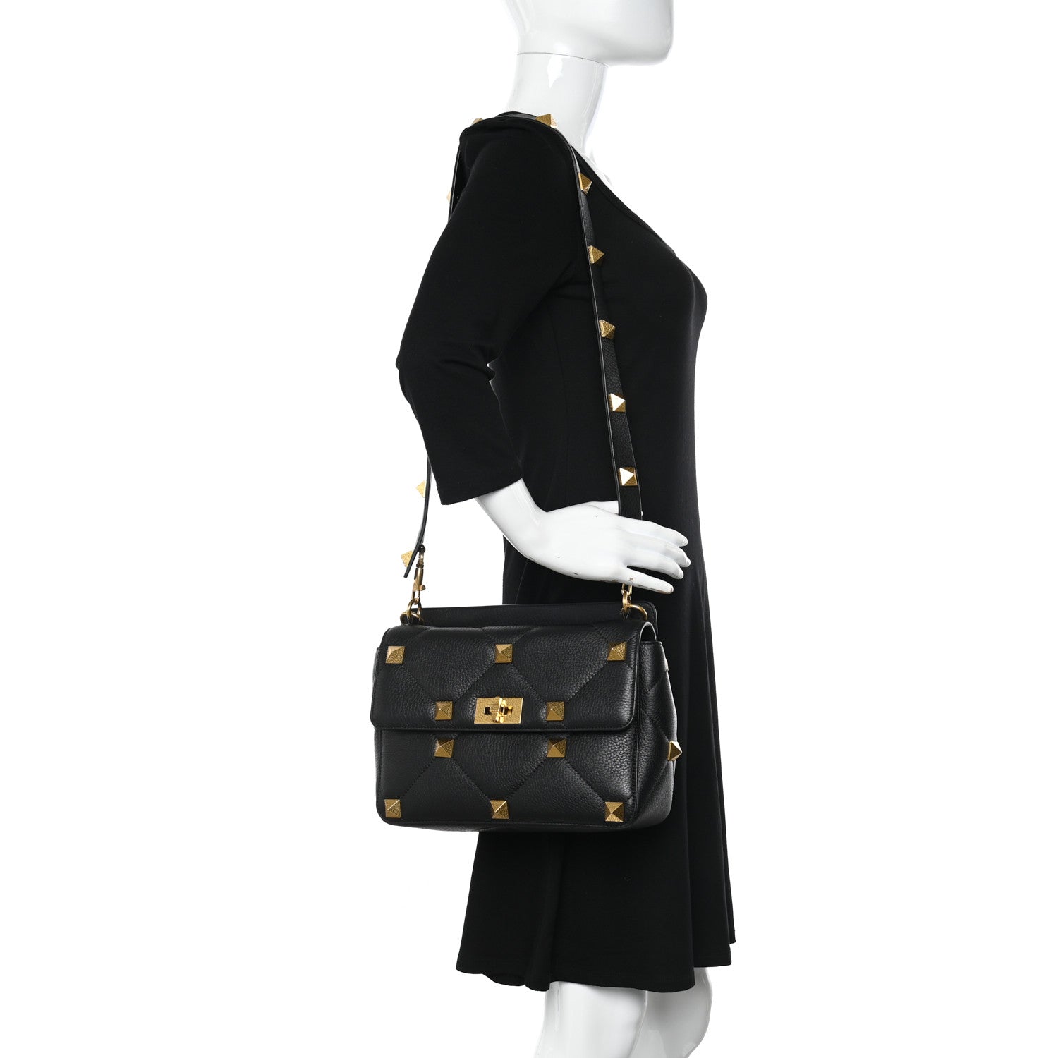 Valentino Garavani Grained Calfskin Large Roman Stud Shoulder Bag Black 2 of 9
