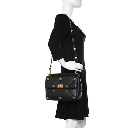 Valentino Garavani Grained Calfskin Large Roman Stud Shoulder Bag Black 2 of 9
