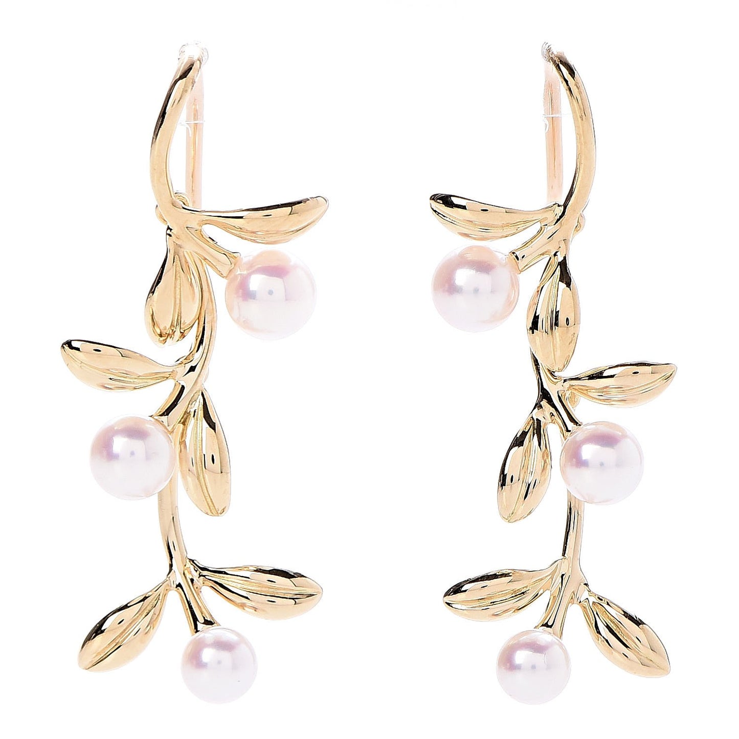 18K Yellow Gold Akoya Pearl Olive Leaf Earrings