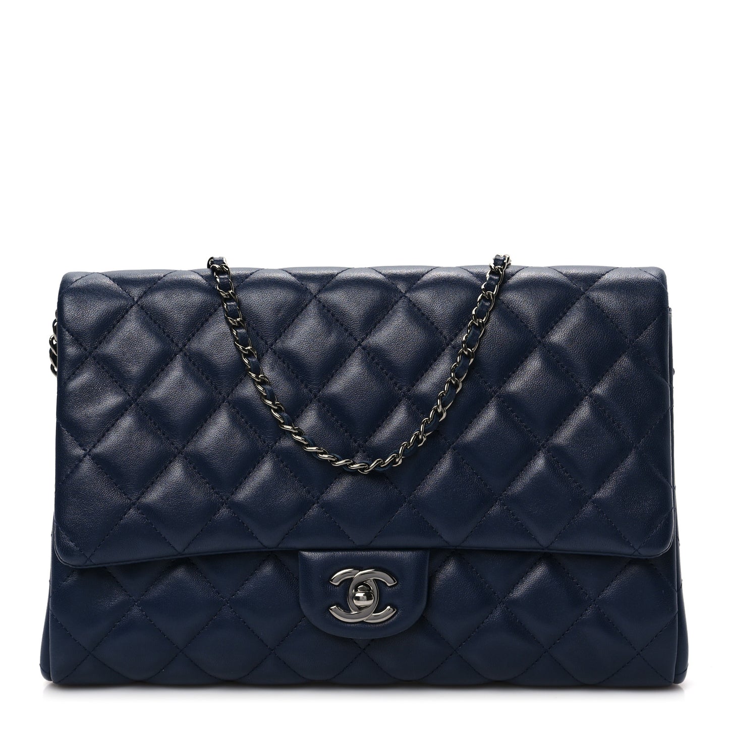 Lambskin Quilted Clutch With Chain Flap Navy
