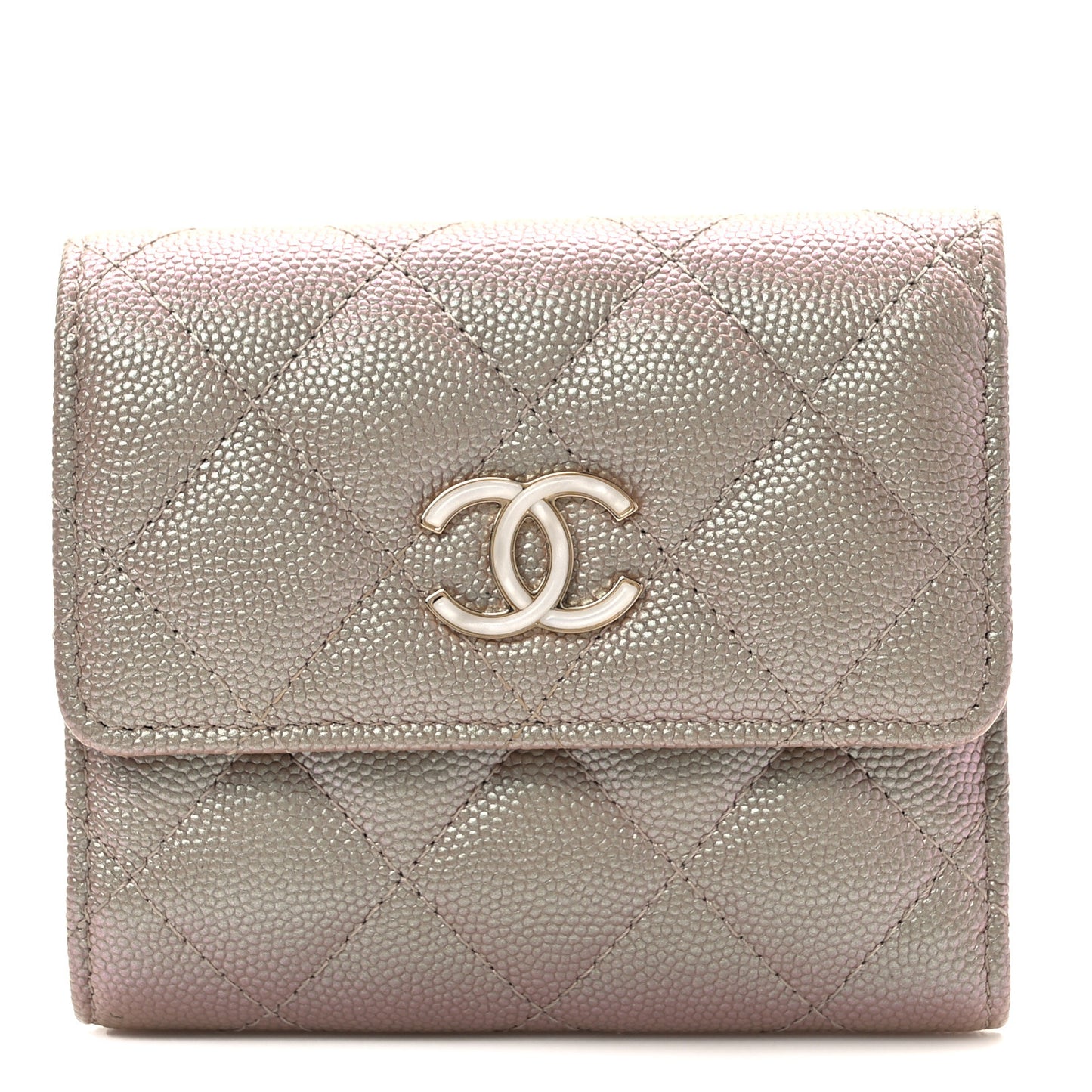Iridescent Caviar Quilted Small Flap Wallet Beige