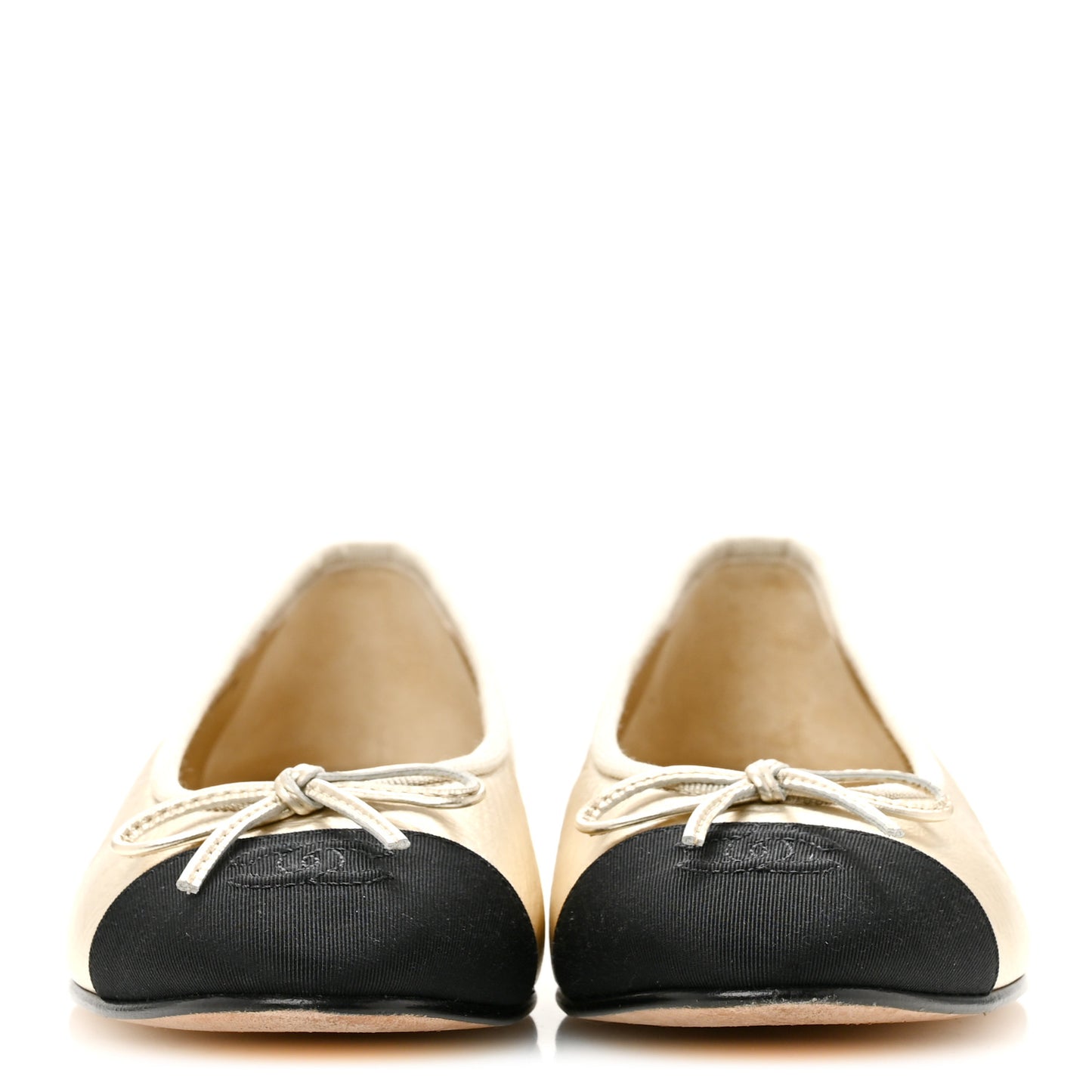 Metallic Laminated Lambskin Grosgrain CC Cap Toe Ballerina Flats 37.5 Light Gold Black